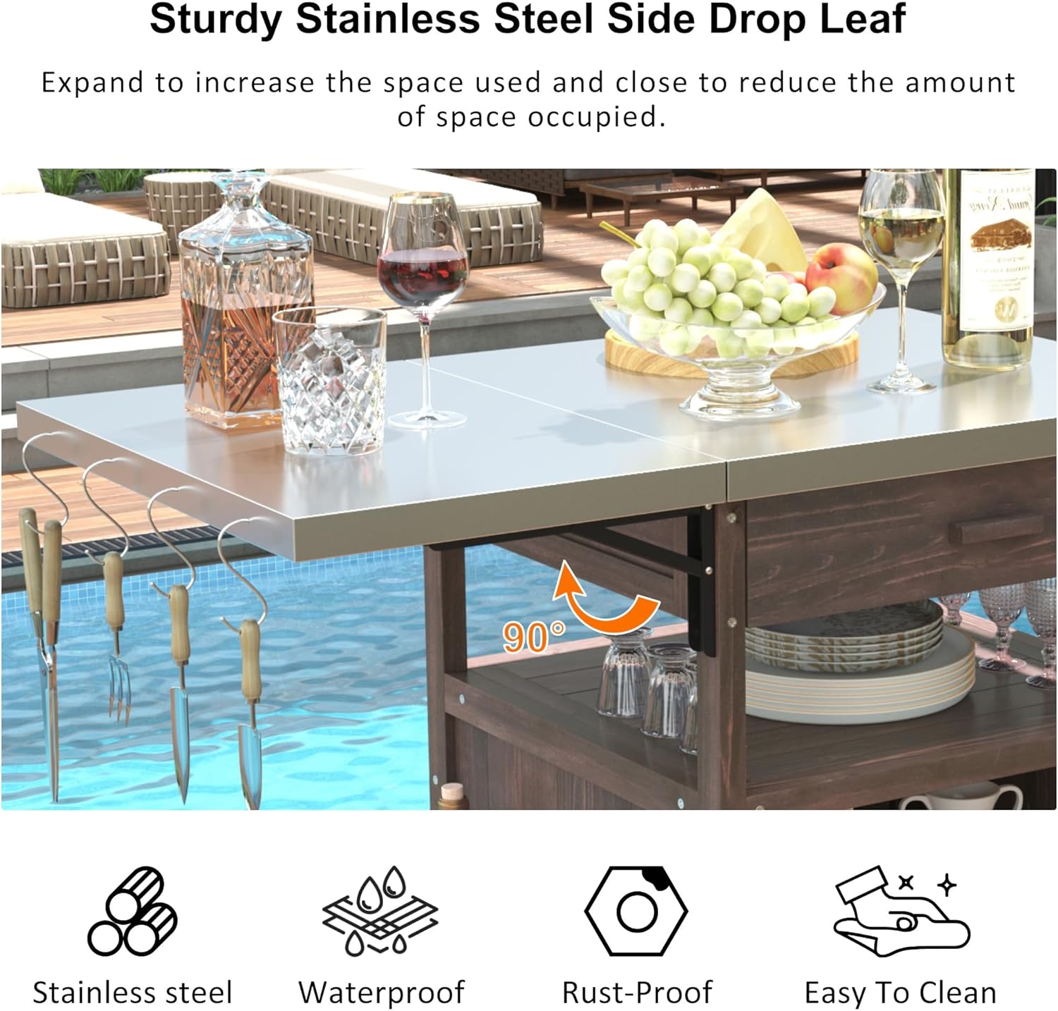 40" Stainless Steel Top & Drop Leaf Kitchen Storage Cabinets, Kitchens Carts on Wheels with Lockable Wheels, Kitchen Storage Cart with Drawer for Lawn Garden, Outdoor Grilling​, Brown