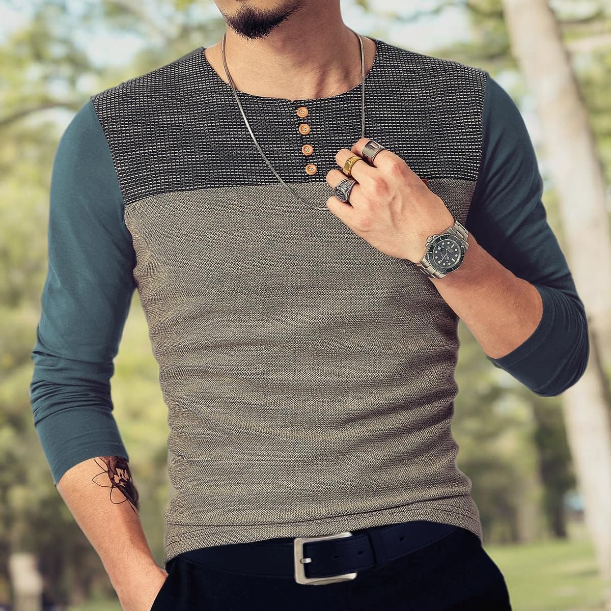 LOGEEYAR Mens Slim Fitted Casual Short Sleeve Button T-Shirts Contrast Color Stitching Tees Tops - Image 6