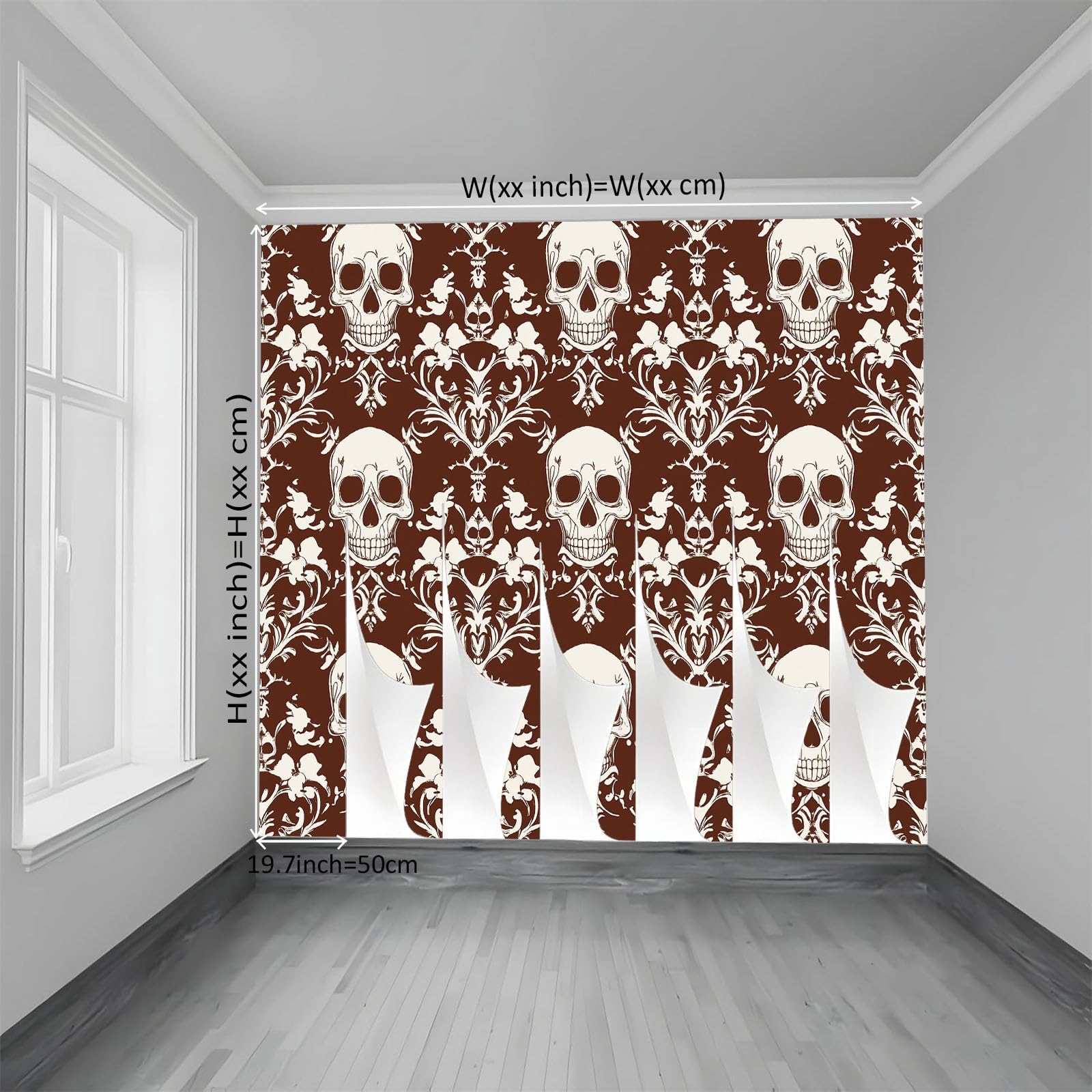350 x 256 cm, fototapeta z efektem 3D, gotycka czaszka kwiatów, fototapety do salonu, sypialni, tapeta na flizelinie, tapeta ścienna, szara