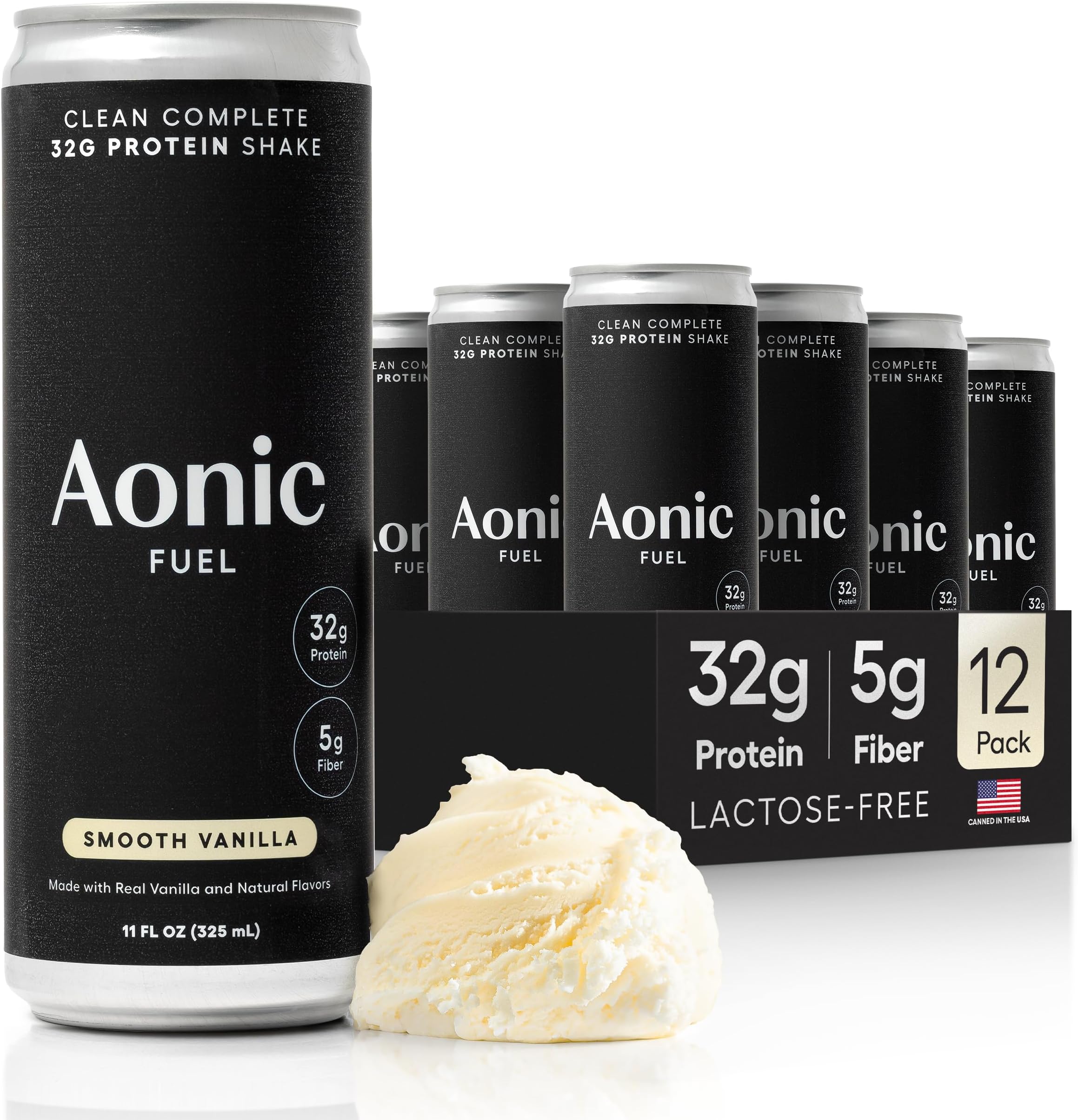 Aonic Fuel 32g Protein Shake, 5g Fiber, Lactose-Free, Complete Amino Acid Profile, No Added Sugar, Made with Real Vanilla, 11 fl oz (Pack of 12) - Smooth Vanilla