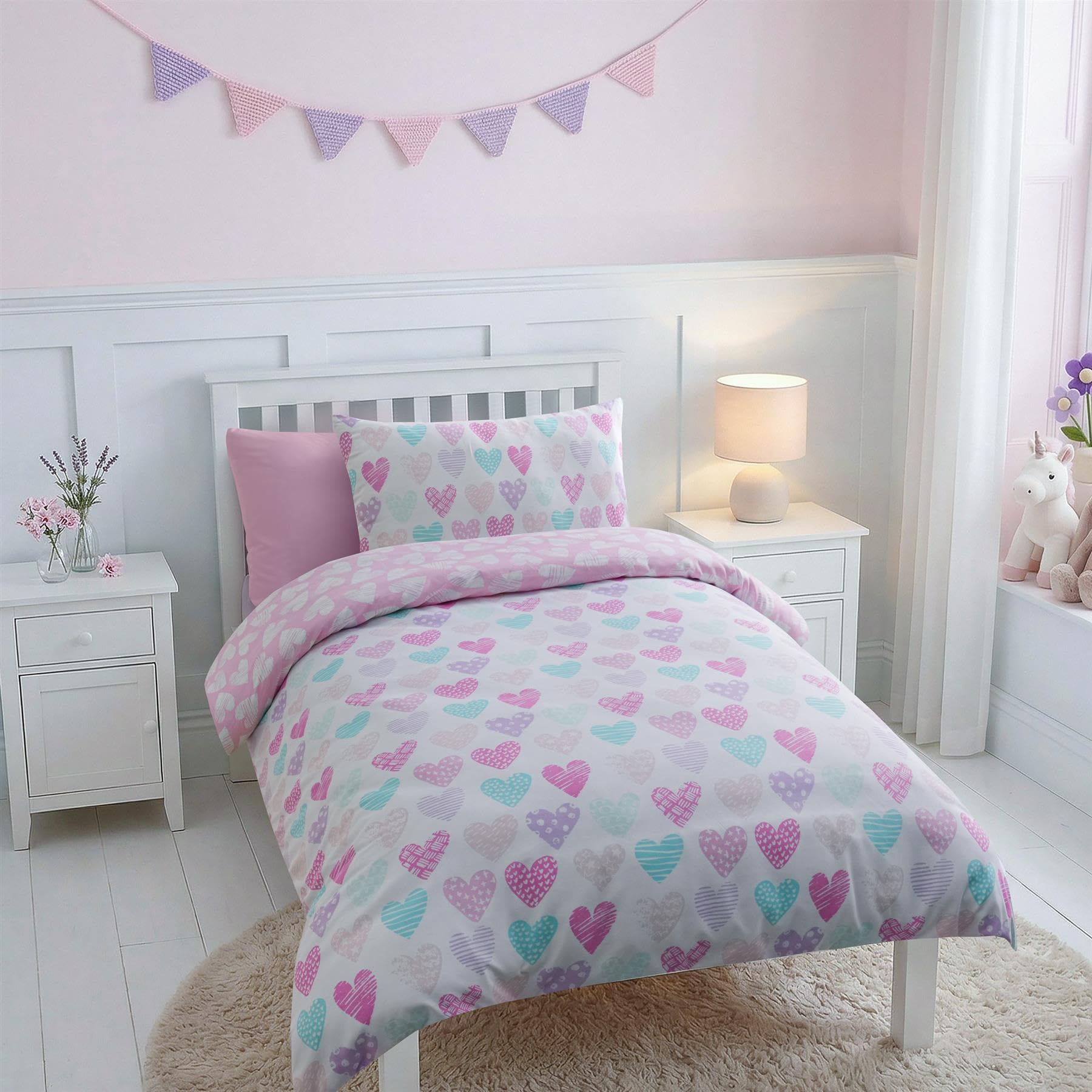 Adore Home Double Duvet Cover Set Pink Hearts Kids Bedding & Pillowcases