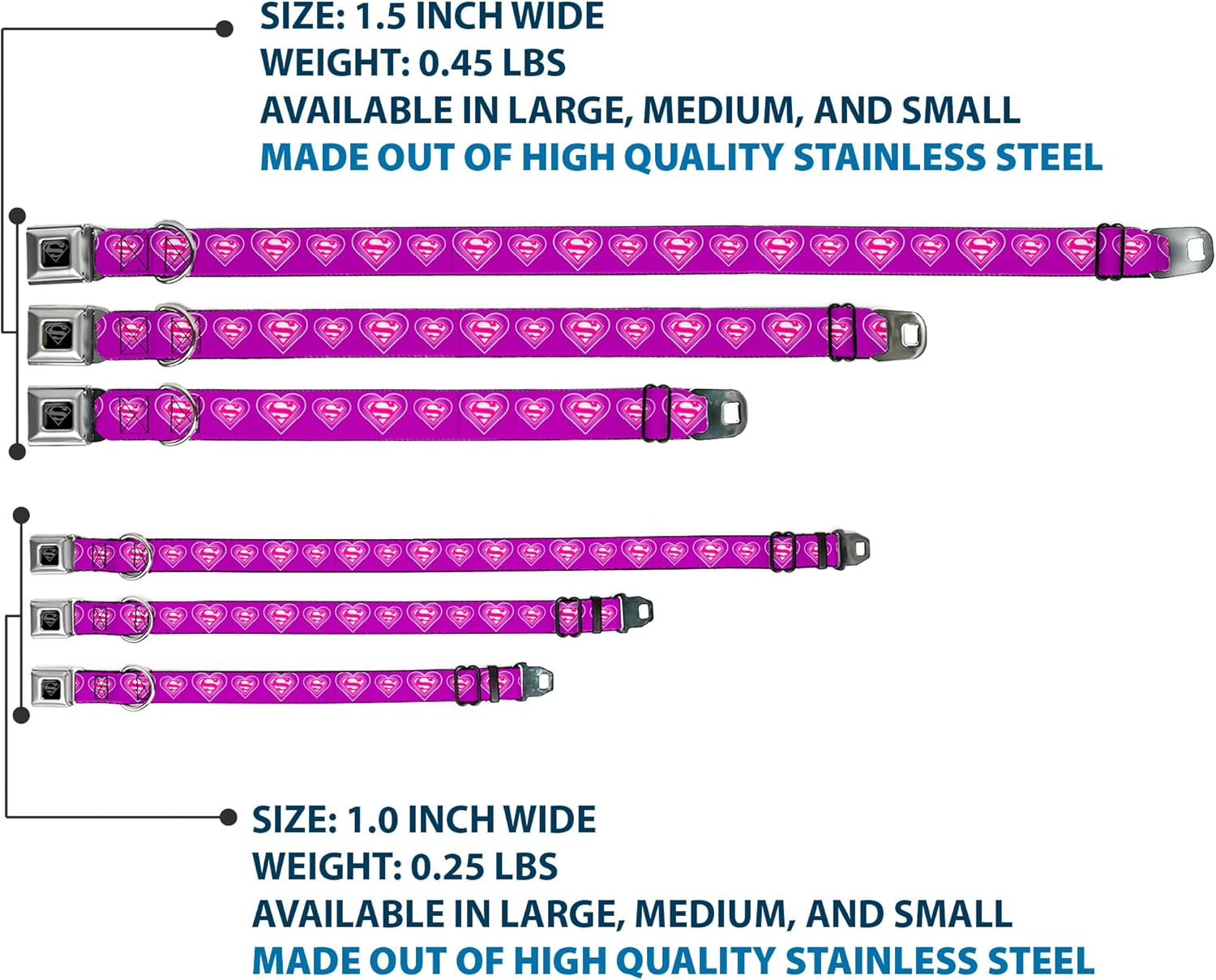 Buckle-Down Seatbelt Buckle Dog Collar - Superman Logo in Heart Purple/White/Pink - 1" Wide - Fits 11-17" Neck - Medium