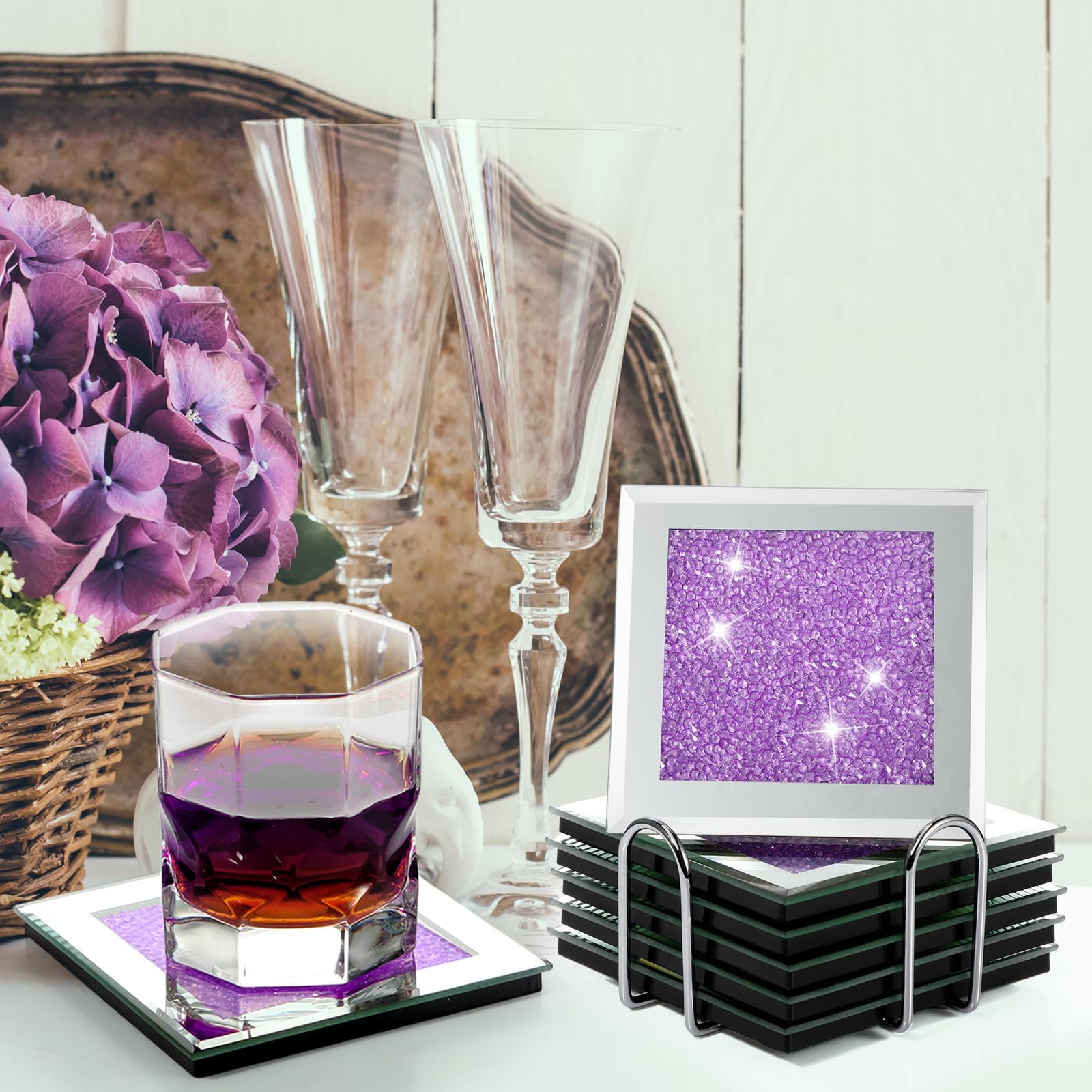 Jetec Crushed Diamond Home Decoration Glass Coaster Set of 6 with 1 Holder - Image 4