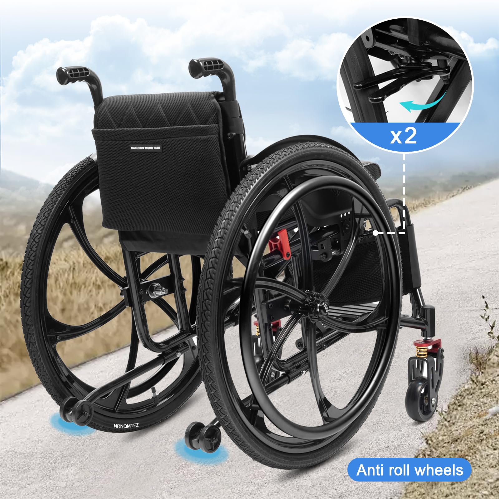 Sedia A Rotelle Pieghevole Leggera in Alluminio,Sedia a rotelle Sportiva Leggera per Tutti i Terreni,Manuale semovente,Sedia a rotelle da transito, carico 100 kg(Seat Width 42cm/16.5in,B)