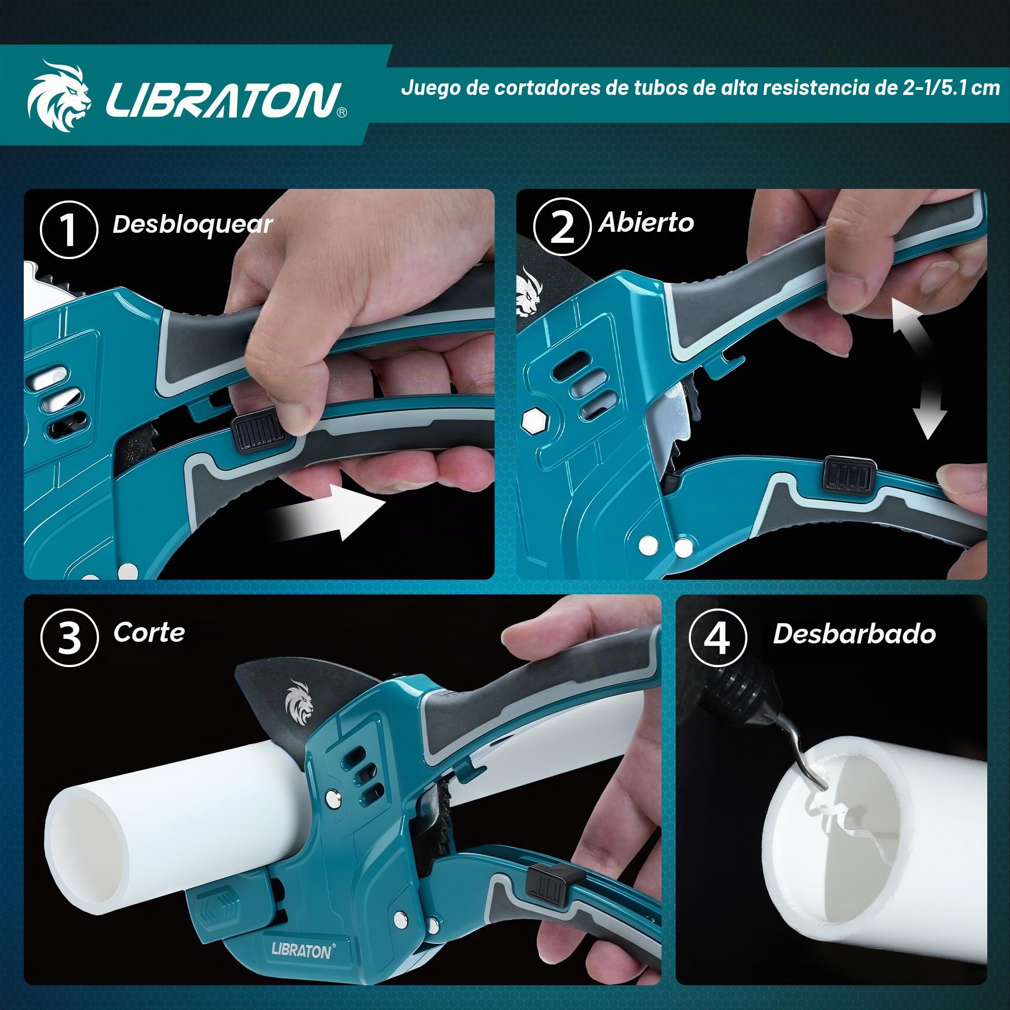 Libraton Cortatubos PVC, Cortatubos Plástico 63mm, Cortatubos con Trinquete, Cuchilla Intercambiable y Herramienta Desbarbadora, para Tubos PEX, PVC, PPR, Mangueras y Tuberías Sanitarias