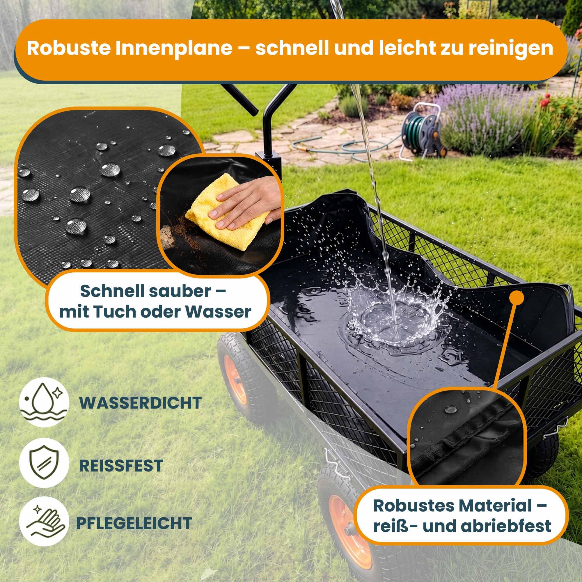 DreamRoots Gartenwagen Bollerwagen, 400 kg, 70 L, faltbar, Klein Schwarz | Transportwagen, Handwagen, 4 Luftreifen, abnehmbare Mesh-Seitenwände, Anhänger für Rasentraktoren