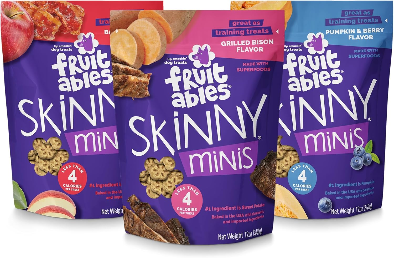 Fruitables Skinny Mini Low Calorie Dog Treats, Healthy Soft Sweet Potato Training Dog Treats for Senior Dogs or Pups, 12 oz (Variety Pack of 3)