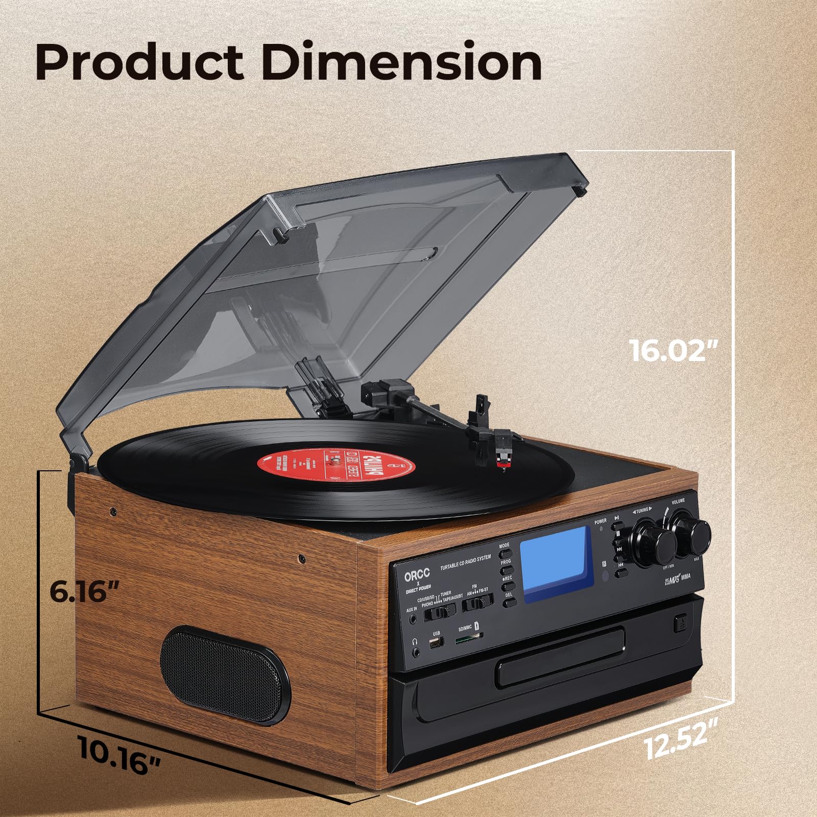 ORCC Giradischi 10 in 1, con carta regalo, giradischi in vinile per 33/45/78 giri/min, riproduzione e registrazione CD/USB/SD, Bluetooth e telecomando, radio FM/AM per gli amanti della musica, marrone