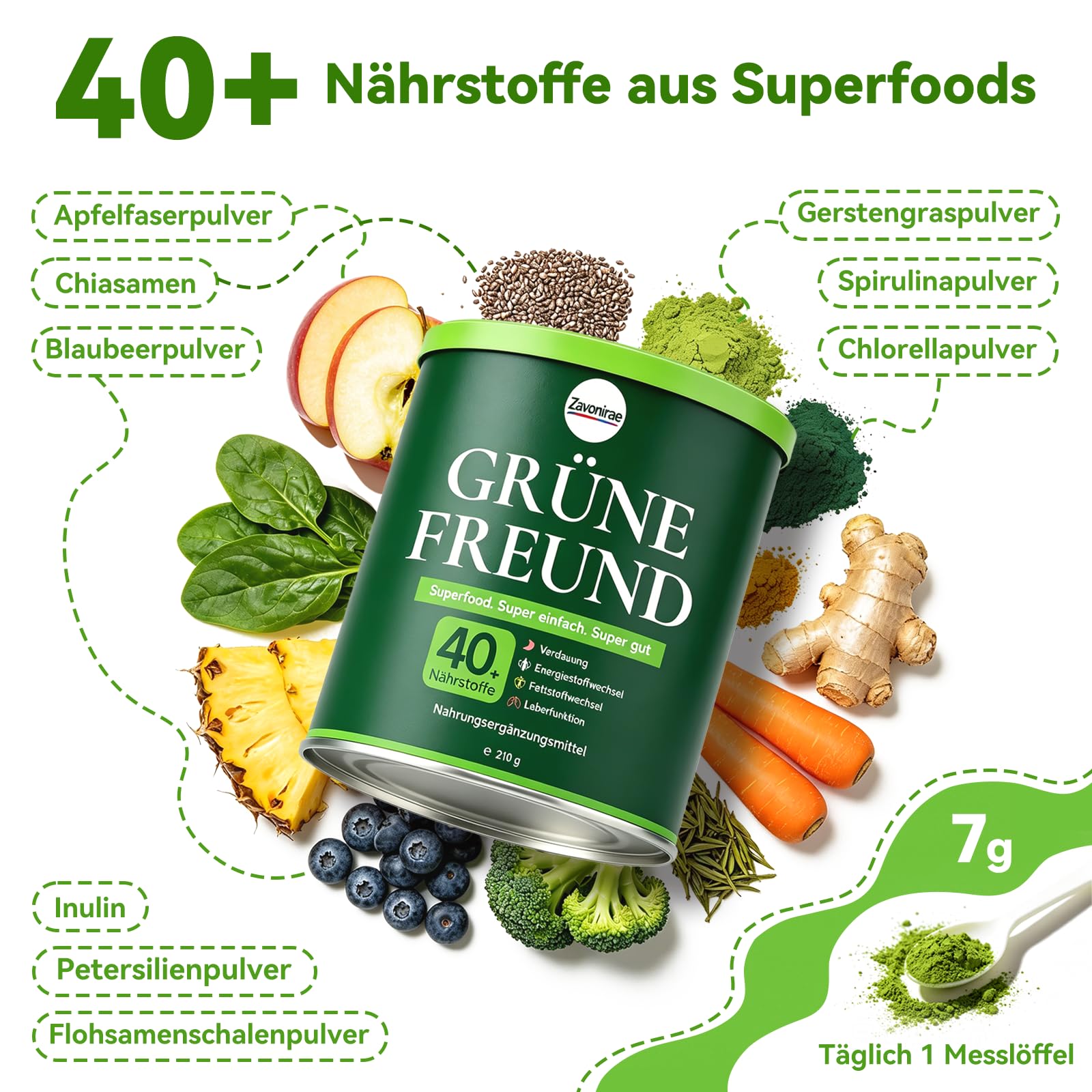 Grüne Entgiftungspulver, Grünes Superfood Helfer Pulver mit Löffel – 40+ Nährstoffe & Probiotika – Spirulina, Chlorella & Gerstengras – Veganes Greens Pulver für Smoothie & tägliche Routine – 210g