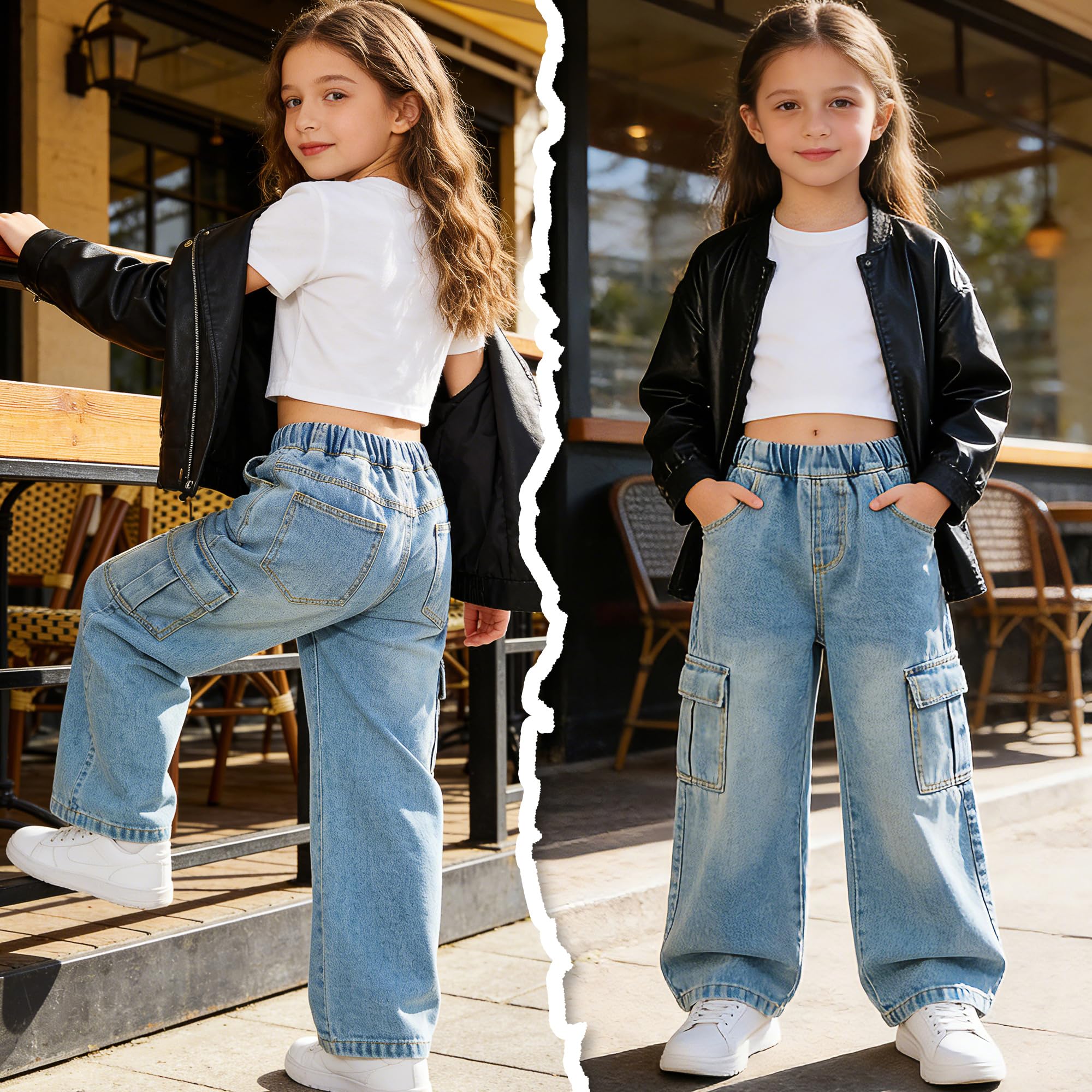Vaqueros Cargo para Niña Baggy Cintura Elásticos Denim Jeans Pierna Anchos Pantalones Largo Stretch Múltiples Bolsillos Casual Moda 7-15 Años