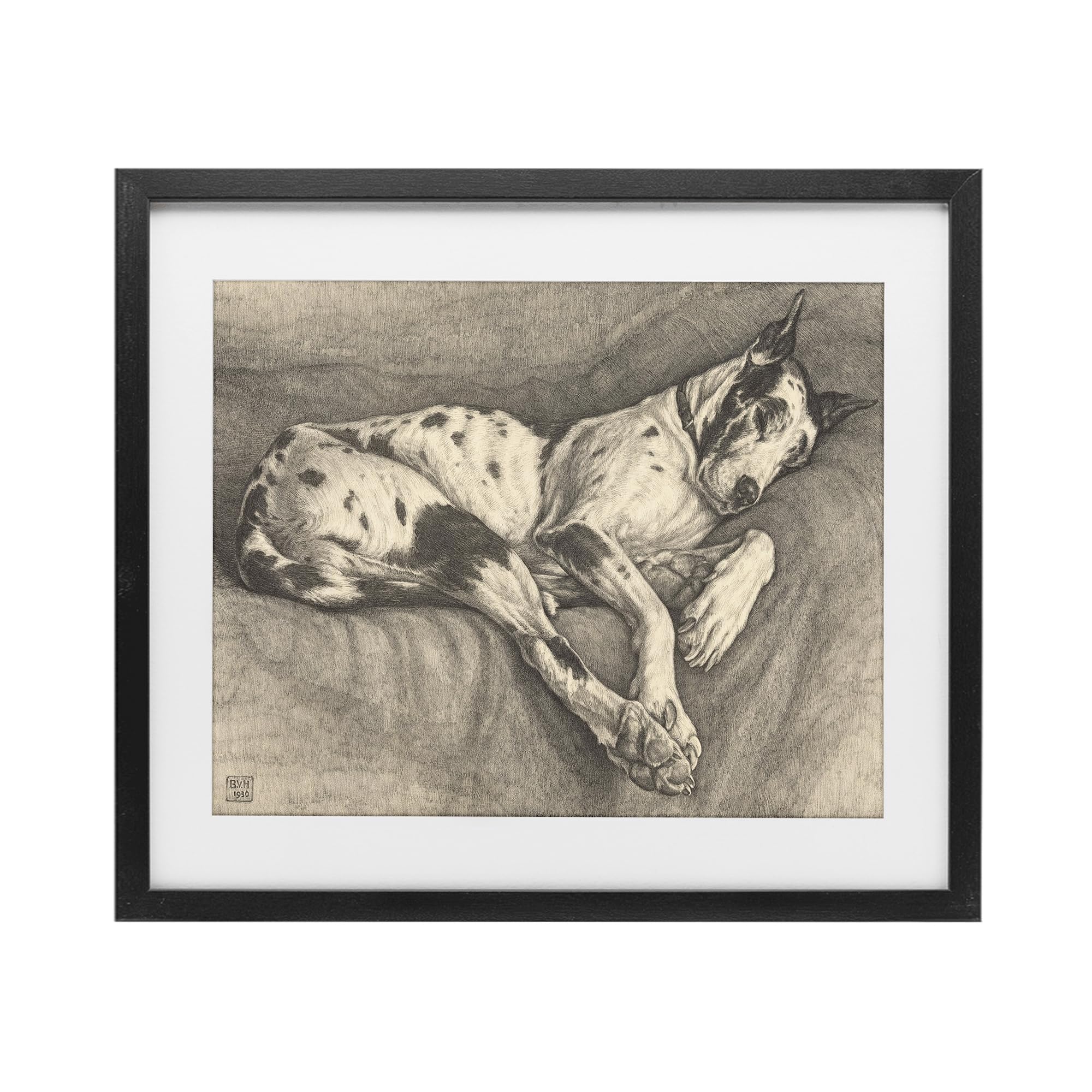 Stupell Industries Midnight Black (Textured) Sleeping Hound Classic Dog Drawing, 17 X 21 Inch Framed Print Under Glass