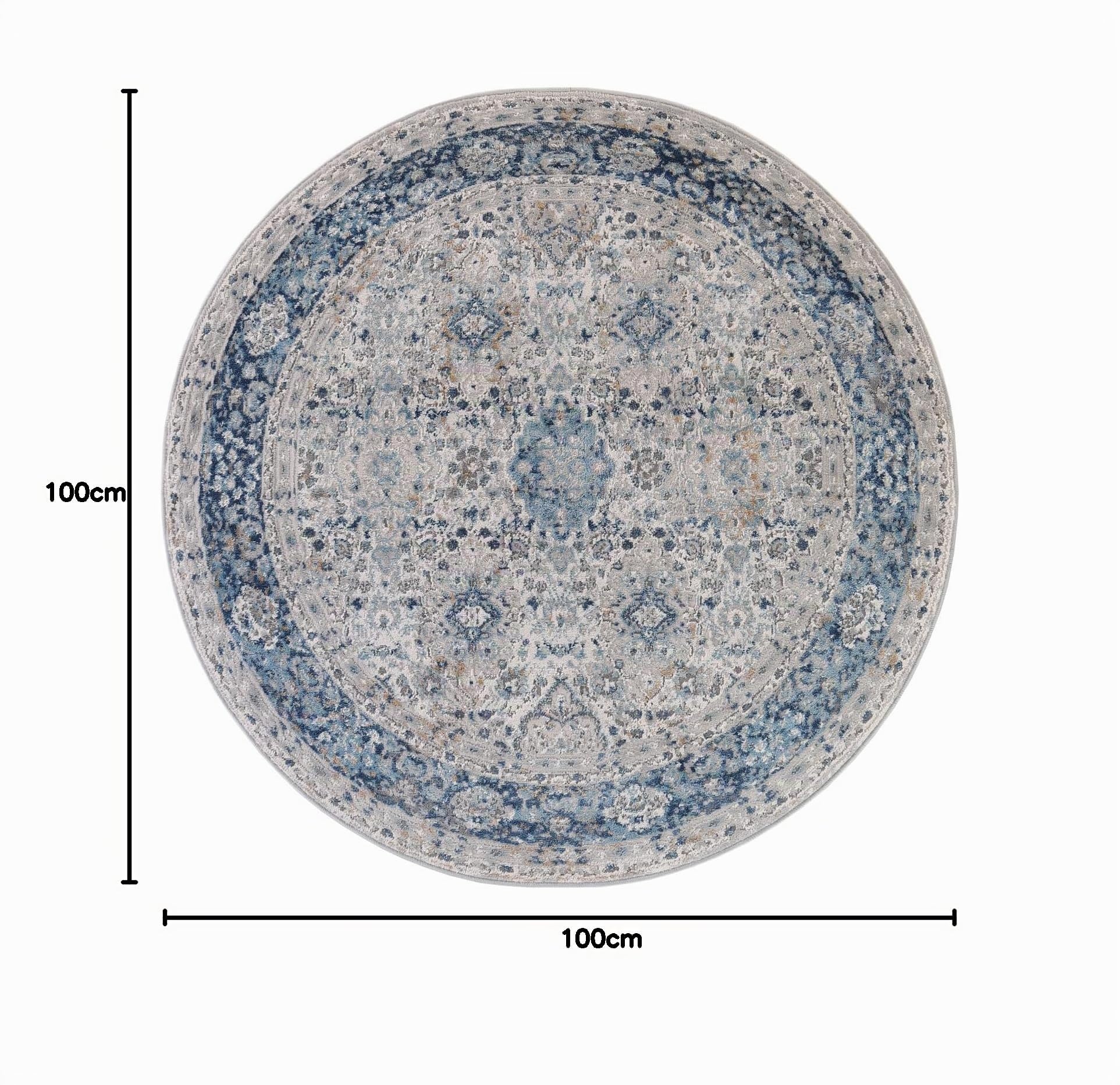 TAPISO Valley Rund Teppich Kurzflor Weiß Grau Blau Ornament 100 x 100 cm