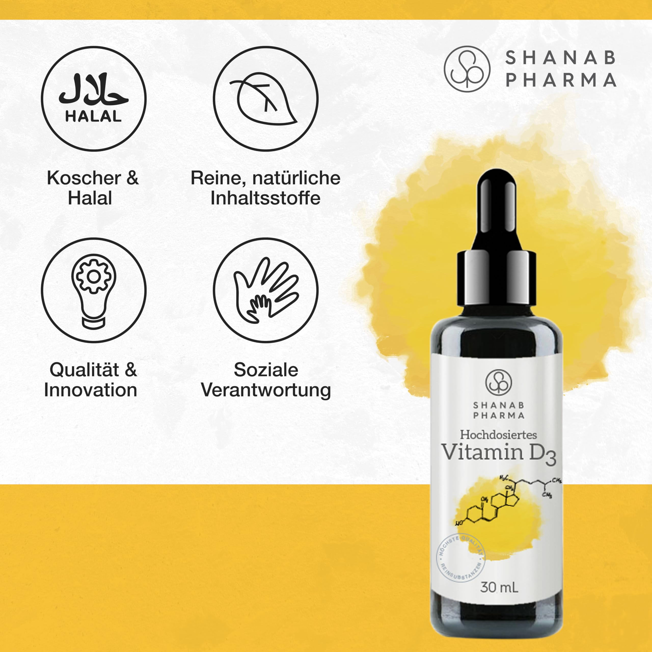 Vitamin D3 Tropfen - Hochdosiertes D3 mit 3300 IE pro D3 Tropfen mit mittelkettigen Triglyceriden für normale Knochen & Immunsystem - 30 ml Vitamin D3 Öl Nahrungsergänzungsmittel von Shanab Pharma