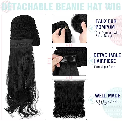 Miniatura 9 de Gorro con peluca, gorro con cabello, extensiones largas onduladas, gorro de punto con pompones, 20 pulgadas, sintético, extraíble, para mujer, para