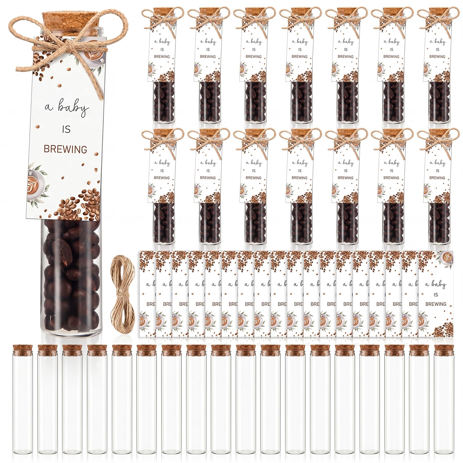Domensi 30 Set a Baby Is Brewing Shower Decorations Coffee Themed Baby Shower Favors for Guests, Includes 30 Glass Bottles with Cork Stopper 30 Thank You Cards for Party Souvenirs Gift(Classic,White)