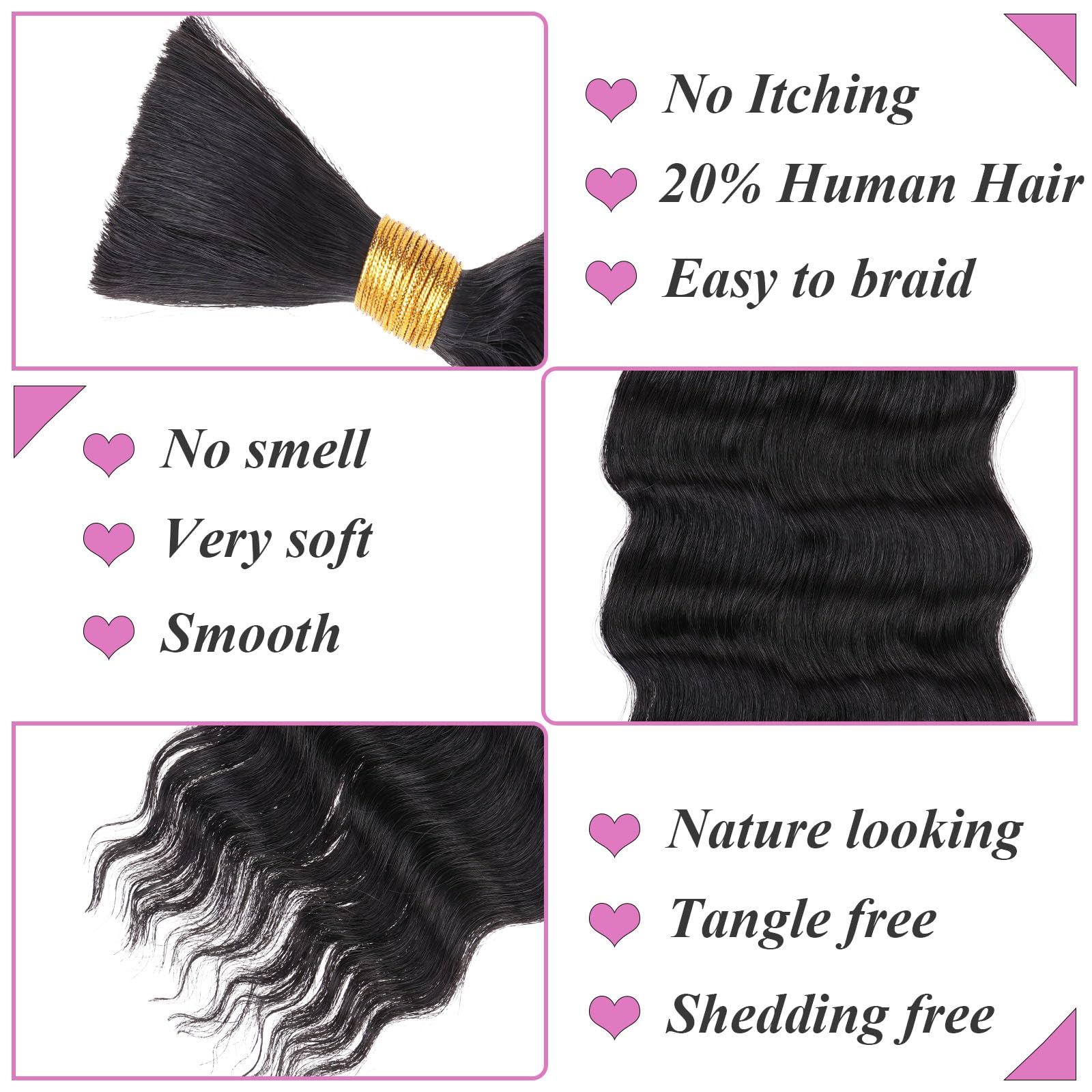 Samtress 18 Inch Deep Wave Bulk Braiding Hair Natural Black 20% Human Hair Mixed Quality Synthetic Curly Hair Extensions Wet and Wavy Boho Braids No Weft 2 Bundles (#1B) - Image 3