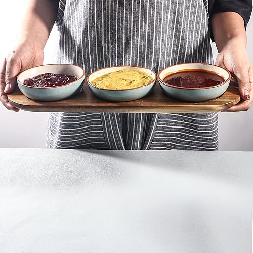 Miniatura 4 de Artena Plato de cerámica sólida turquesa de 6 onzas con bandeja de madera de acacia, cuencos pequeños esmaltados de 4.5 pulgadas para condimentos,