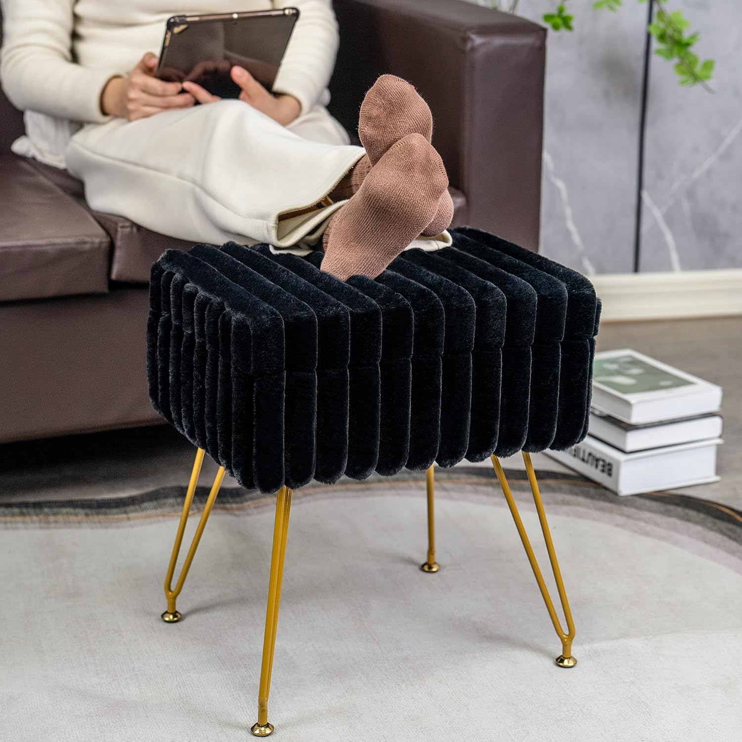 xuperbonus Faux Fur Black Vanity Stool Chair with Storage Ottoman, Vanity Chair for Makeup Room, Vanity Stools for Bedroom, Footrest with Metal Legs and as a Coffee Table, Black