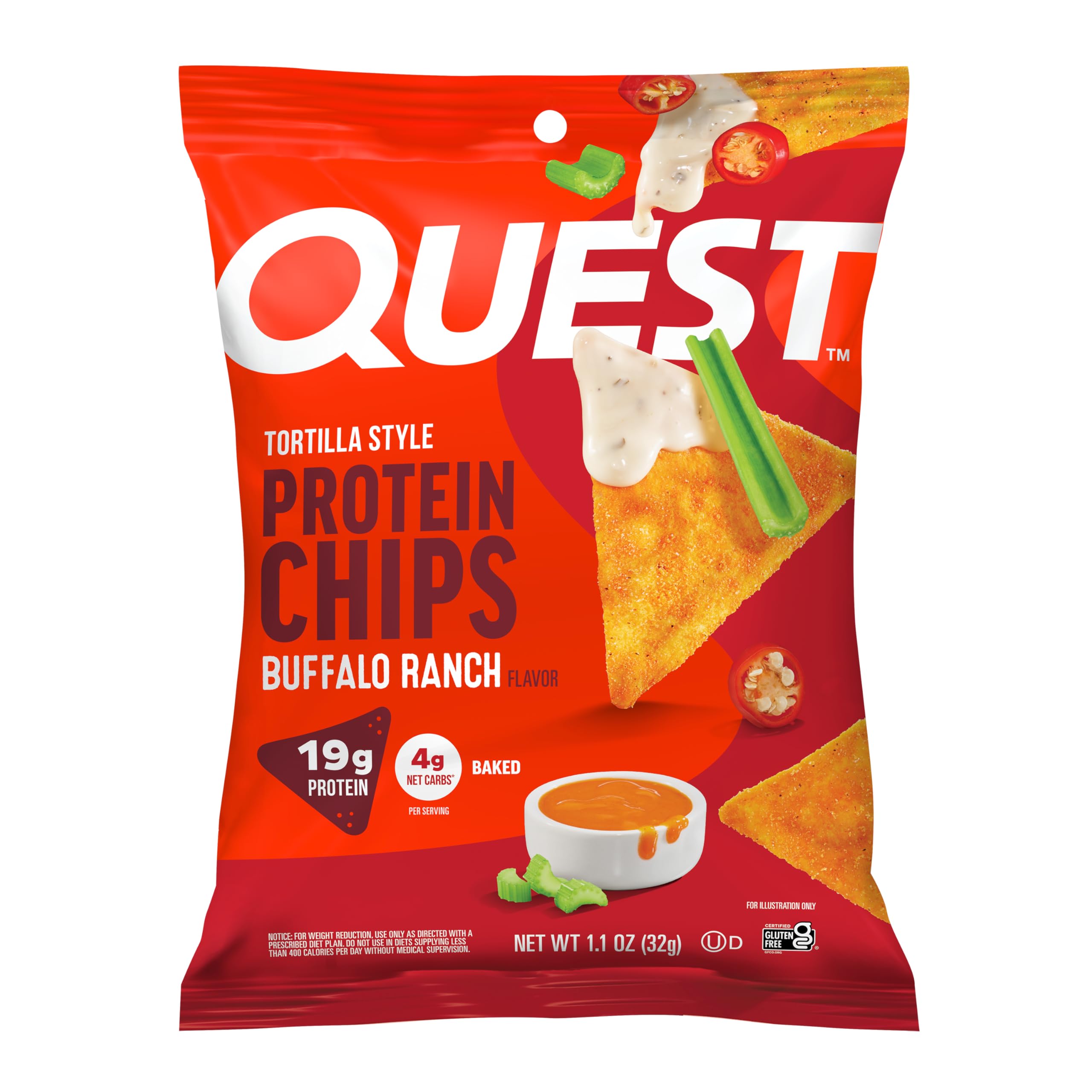 Quest Nutrition Buffalo Ranch Tortilla Style Protein Chips, 12 Count | 19g Protein, 4g Net Carbs, Gluten Free, Crunchy Baked Chips, Tangy Heat With a Hint of Ranch Flavor, Individual 1.1oz Bags Buffalo Ranch 1.1 Ounce (Pack of 12)