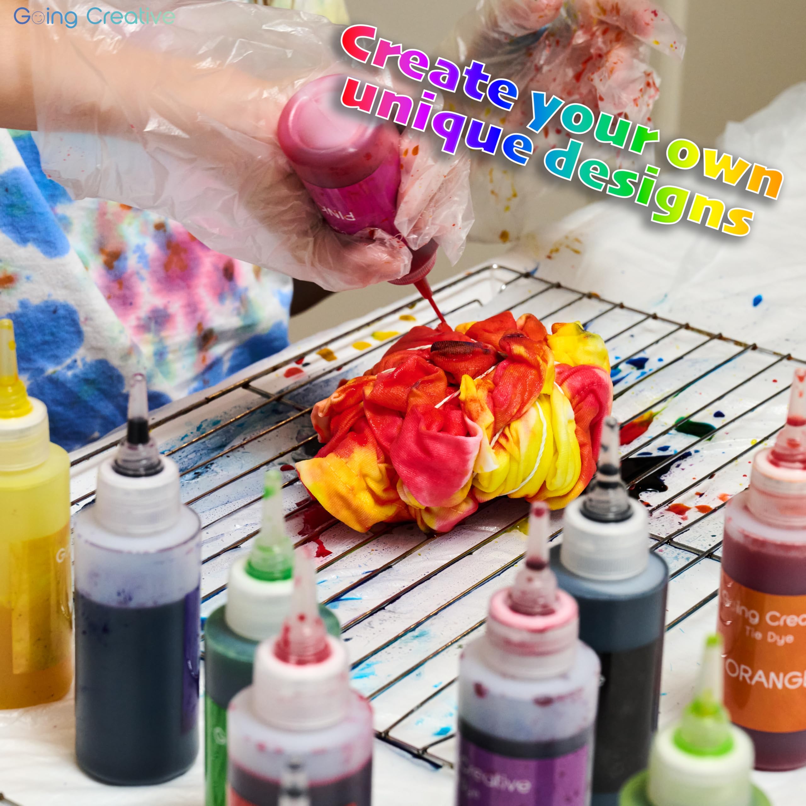 Going Creative All-in-One Tie Dye Kit - Tie Dye Party Pack with 12 Colors in 18 Pre-Filled Bottles, Gloves, Rubber Bands & More - Top Arts and Crafts for Kids 4 & Up - Large Groups - Image 4