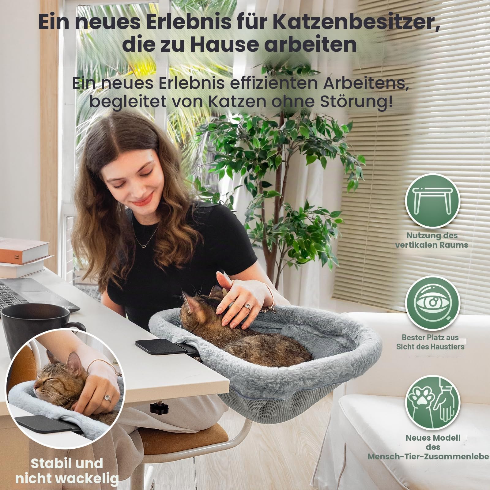 JUNSPOW Katzen-Schreibtischbett – EIN-klick-Faltung, versunkenes Design und platzsparendes halbrundes Katzenbett, weiches Kaninchenfell-Material, geeignet für Verschiedene Schreibtische, maximale