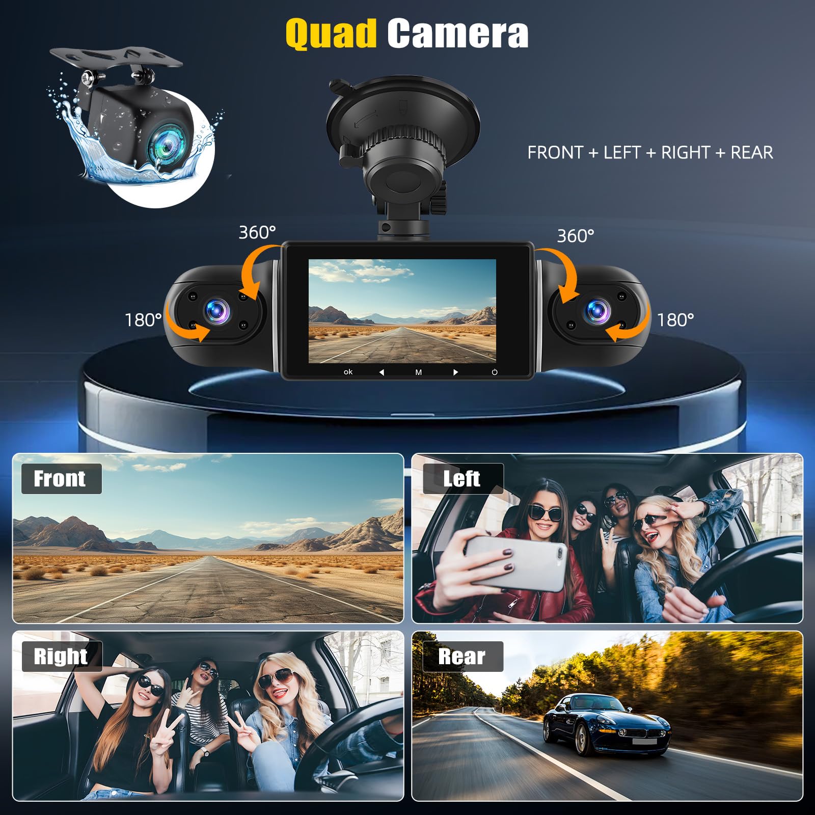 Caméra Embarquée 4 Canaux WiFi 360° - Pour Voiture, Vue Avant, Arrière, Gauche, Droite