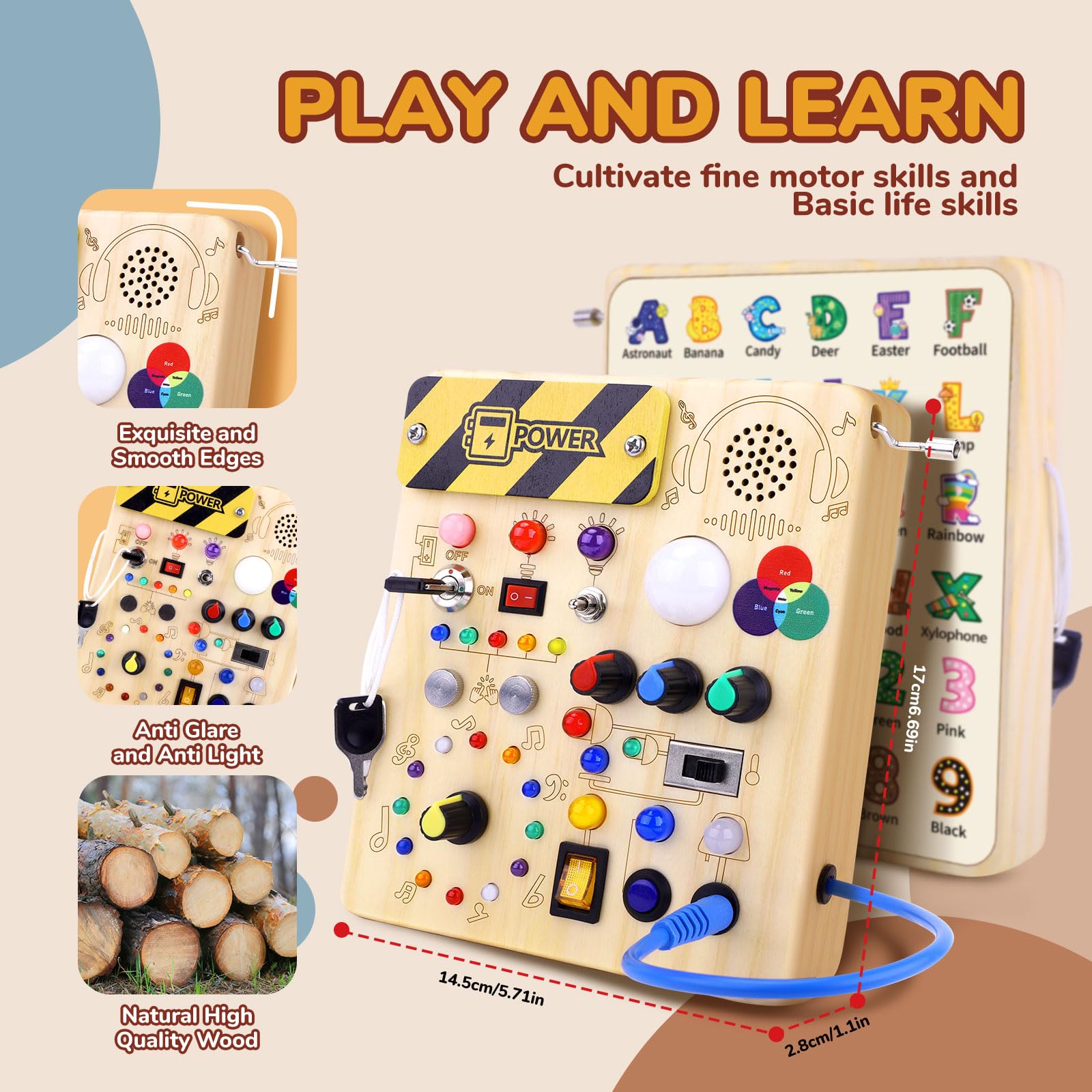 Sumsoltic Busy Board Montessori Toddler Toys for 1 2 3 Year Old Sensory Wooden Toys with 12 Switches - Image 4