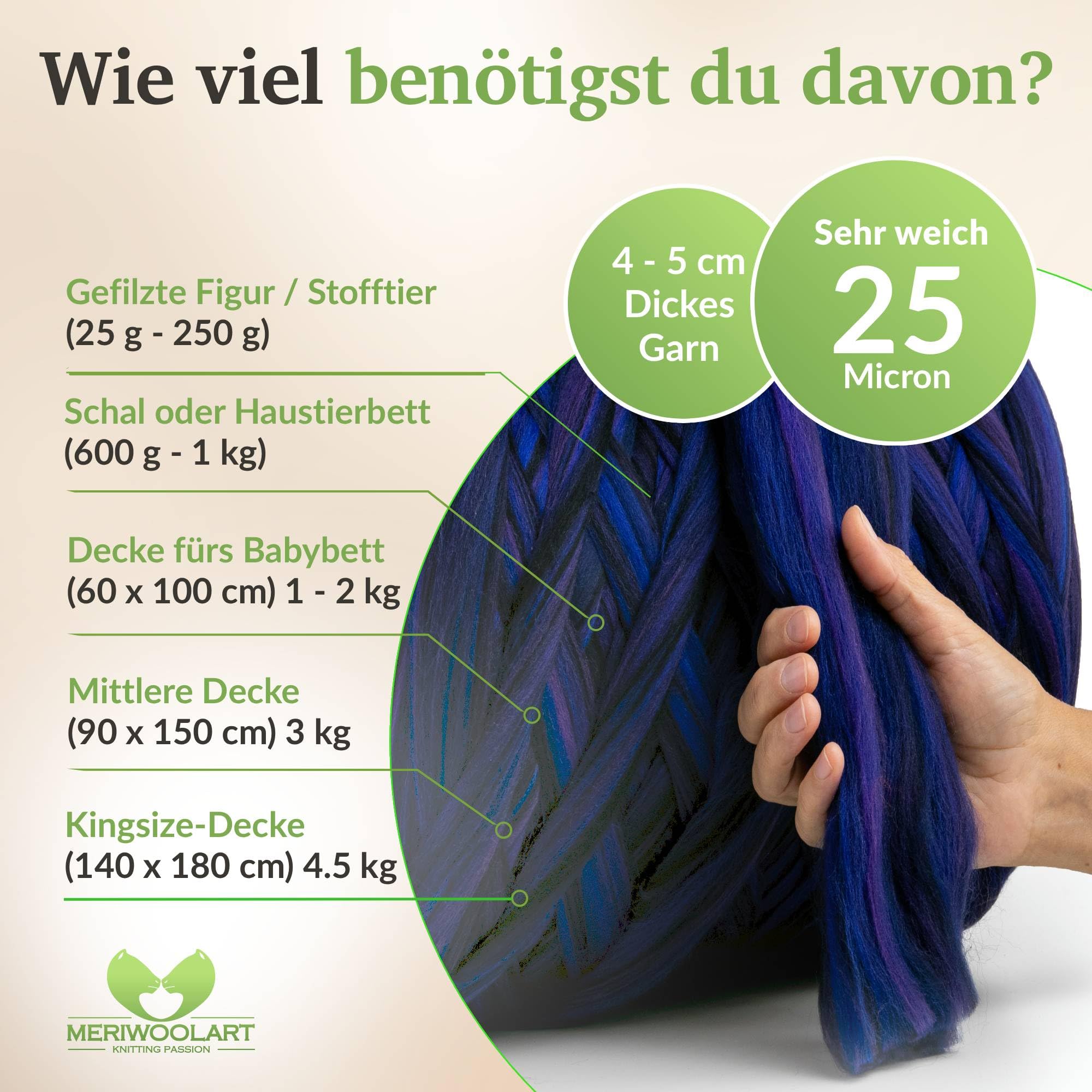 MeriWoolArt® XXL Merino Wolle Garn 100% Schurwolle (4-5cm Stärke), Extra Dicke Filzwolle für Trocken- & Nassfilzen, Armstricken, DIY Decke für Baby & Erwachsene – 1kg