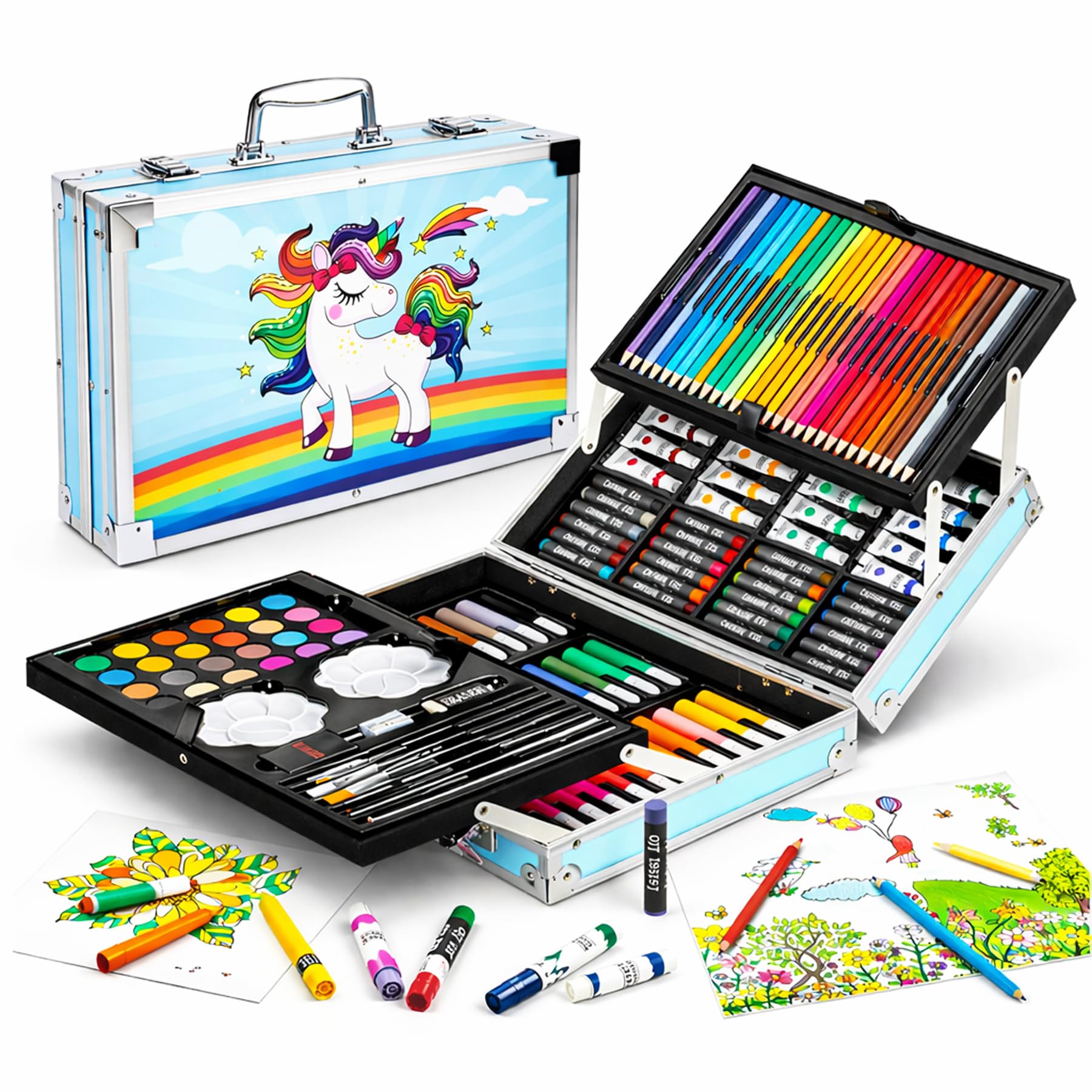 WISHKEY 145 Pieces Art Set for Kids with Unicorn Theme Storage Case, Art and Craft Supplies Kit for Drawing and Painting with Oil Pastel, Water Color, Color Pencils, Sketch Pen (Pack of 1, Blue)