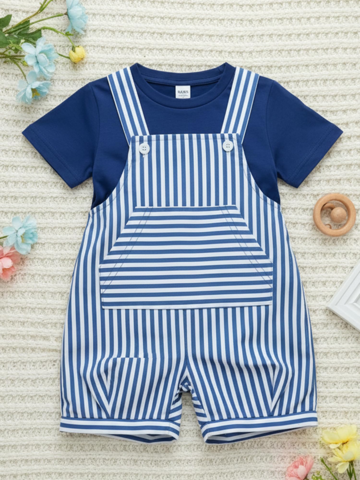 Mameluco de 2 piezas para niños pequeños con bolsillo a rayas con camiseta, color azul