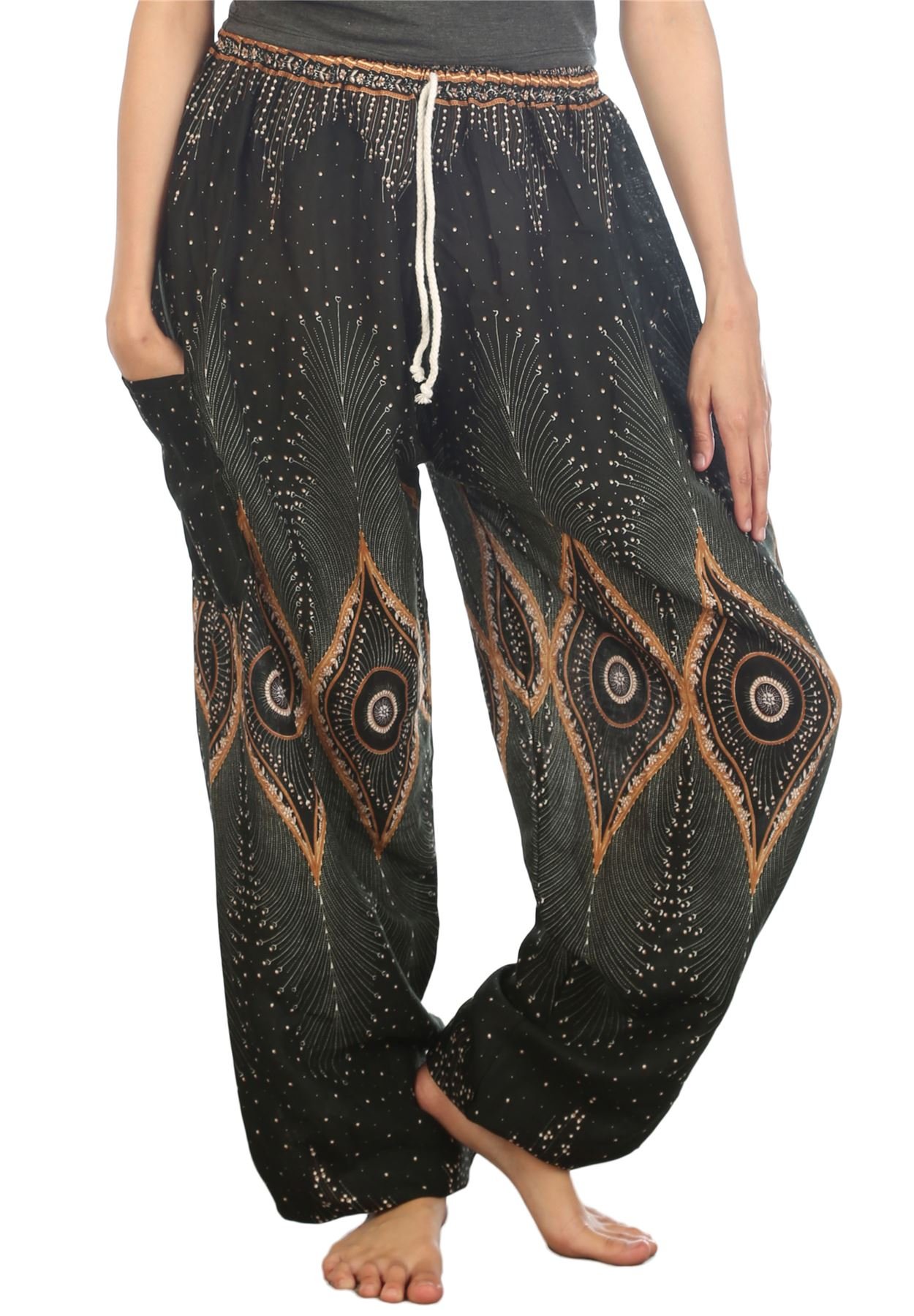 Lofbaz Women's Drawstring Diamond Harem Boho Genie Pants Dark Green 4XL