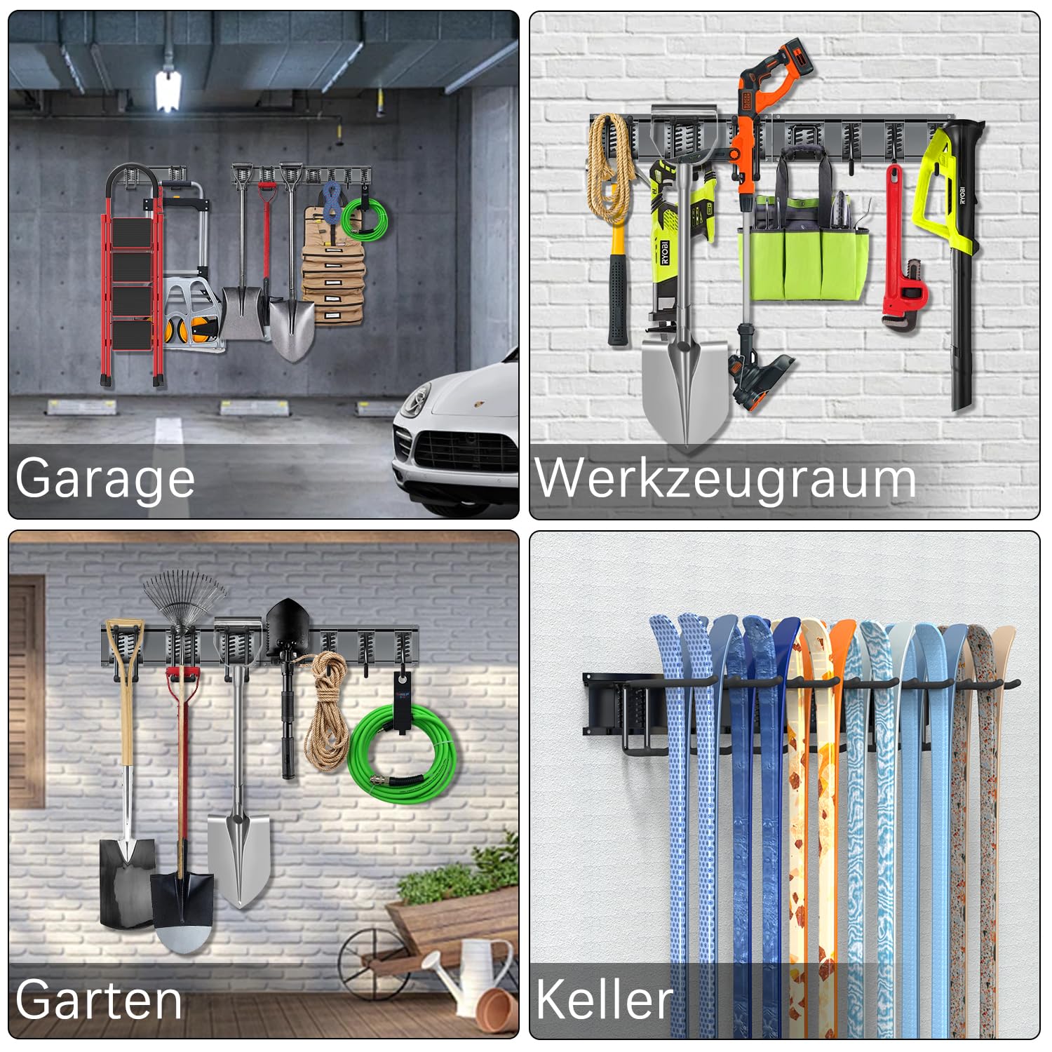 3-H Garage Aufbewahrung,120cm Einstellbar 10 Wandhaken Garagen und 4 S Haken für Gartengeräte,Werkzeughalter Wand Gartengerätehalter für Garage Keller Skiausrüstung Besen Stühl Rechen Schaufel Schwarz
