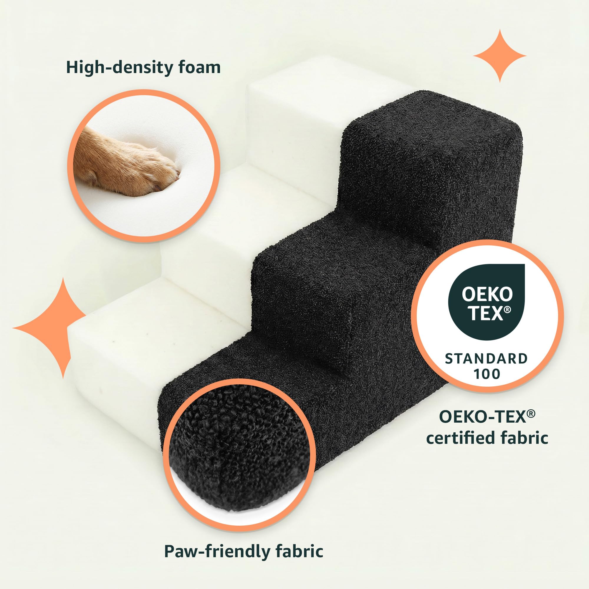 murando Escalera para Perros de 3 Etapas - Rampa de 30 cm de Altura para Cama y Sofá - Peldaños para Mascotas, Perros y Gatos - Espuma de Alta Densidad, Antideslizante - Material de Bouclé - Negro