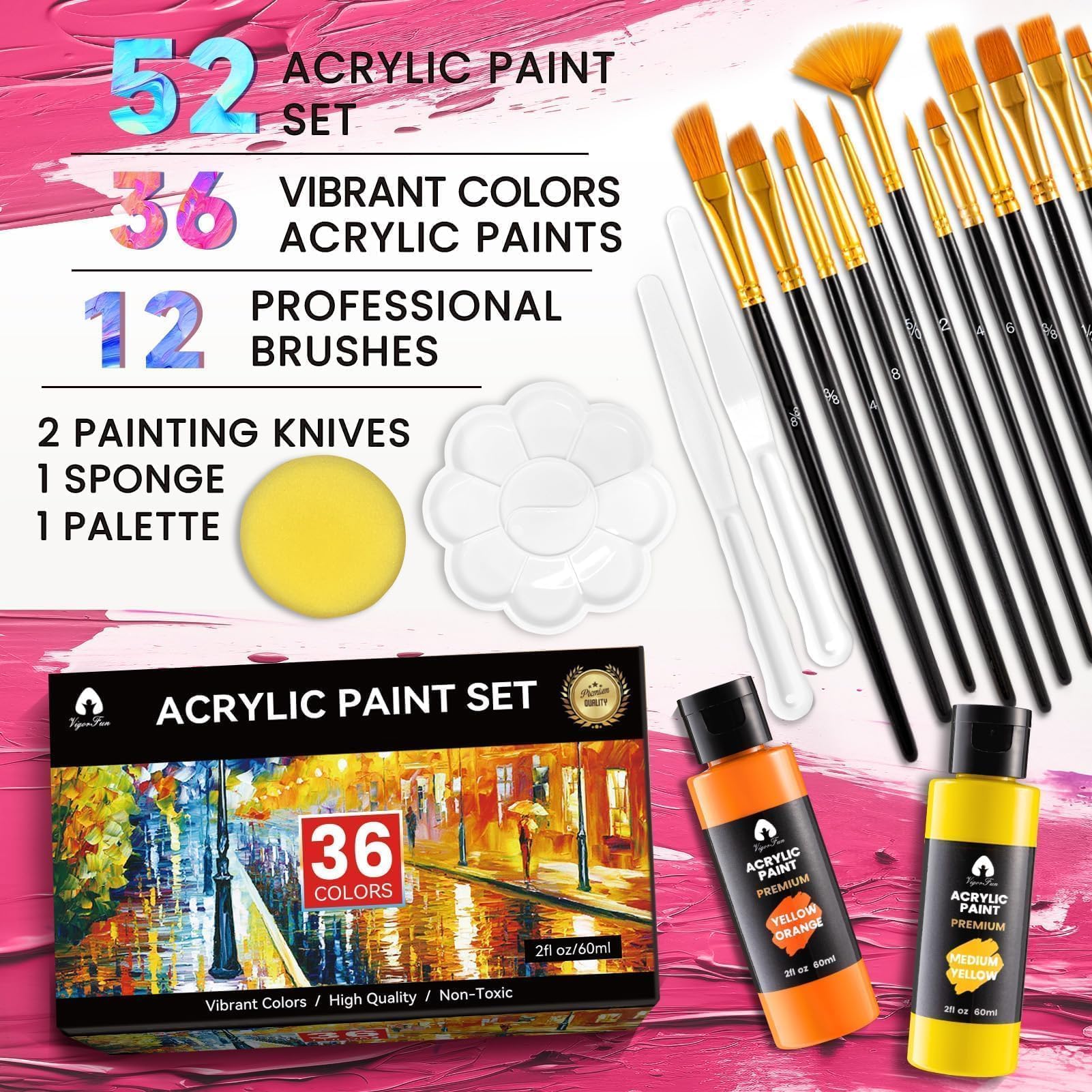 Juego de pintura acrílica con 12 pinceles, 36 colores, pinturas para manualidades, regalos para artistas, niños, principiantes y pintores