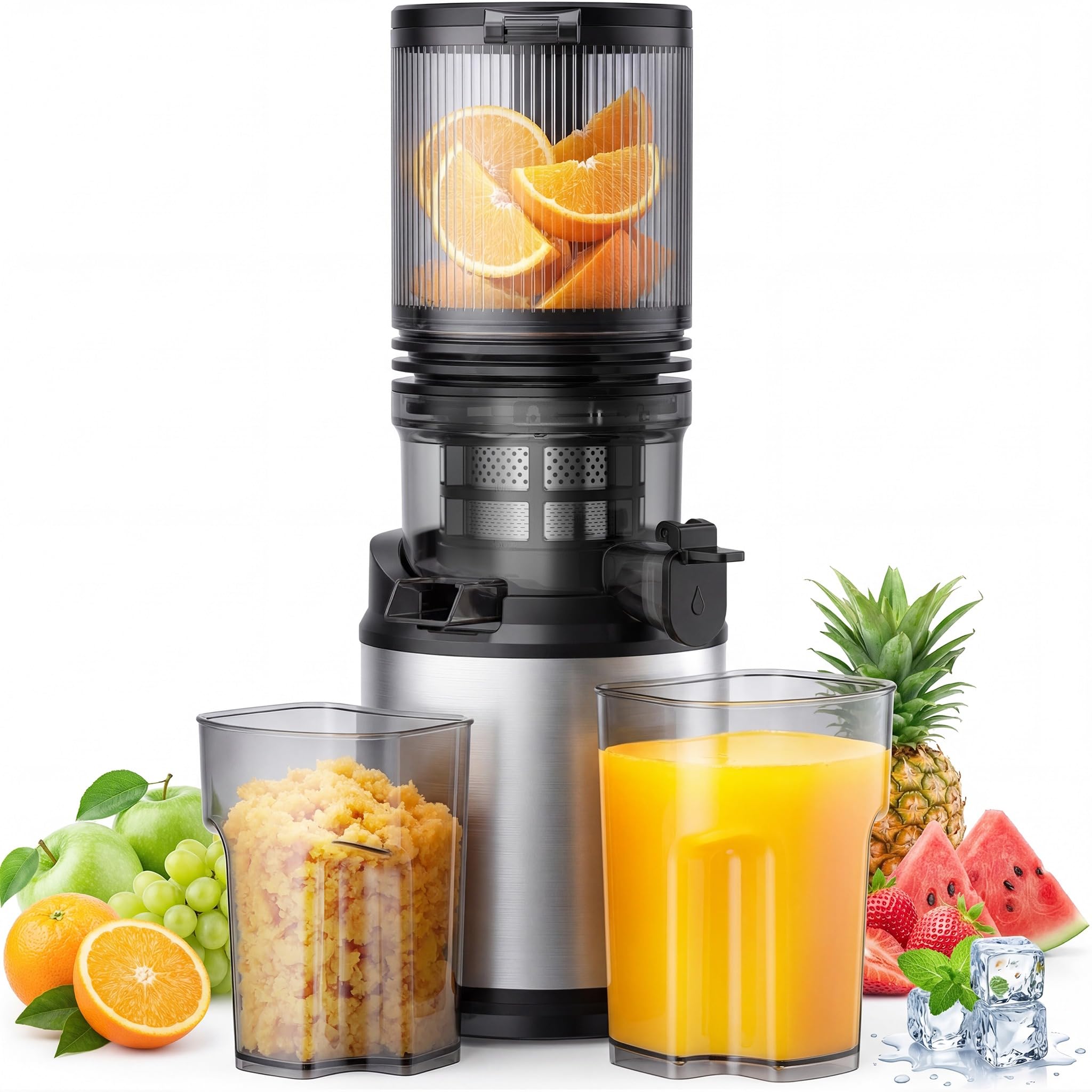 RUIE Extracteur de Jus de Fruits et Légumes, Extracteur de Jus à Grande Ouverture de 130 mm, Slow Juicer de 2 L, Moteur de 250 W, Pression à Froid, Fonction Inversion, Facile à Nettoyer