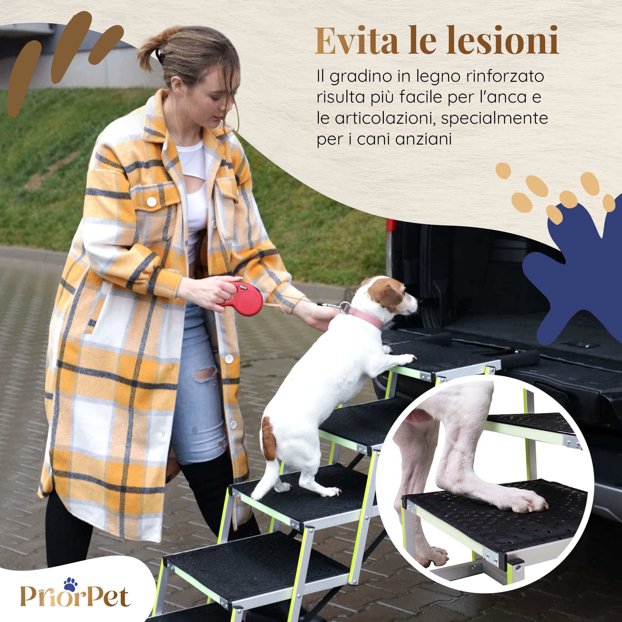 Rampa per Cani PRIORPET Pieghevole Fino a 77 KG Antiscivolo Riflettente 5 Gradini