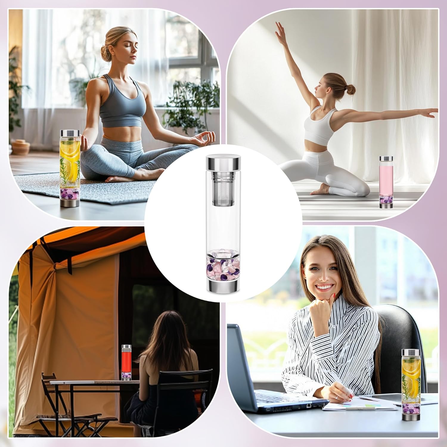 500ml Crystal Water Bottle with Removable Strainer - Includes Amethyst & Rose Quartz Stones, for Tea Lovers