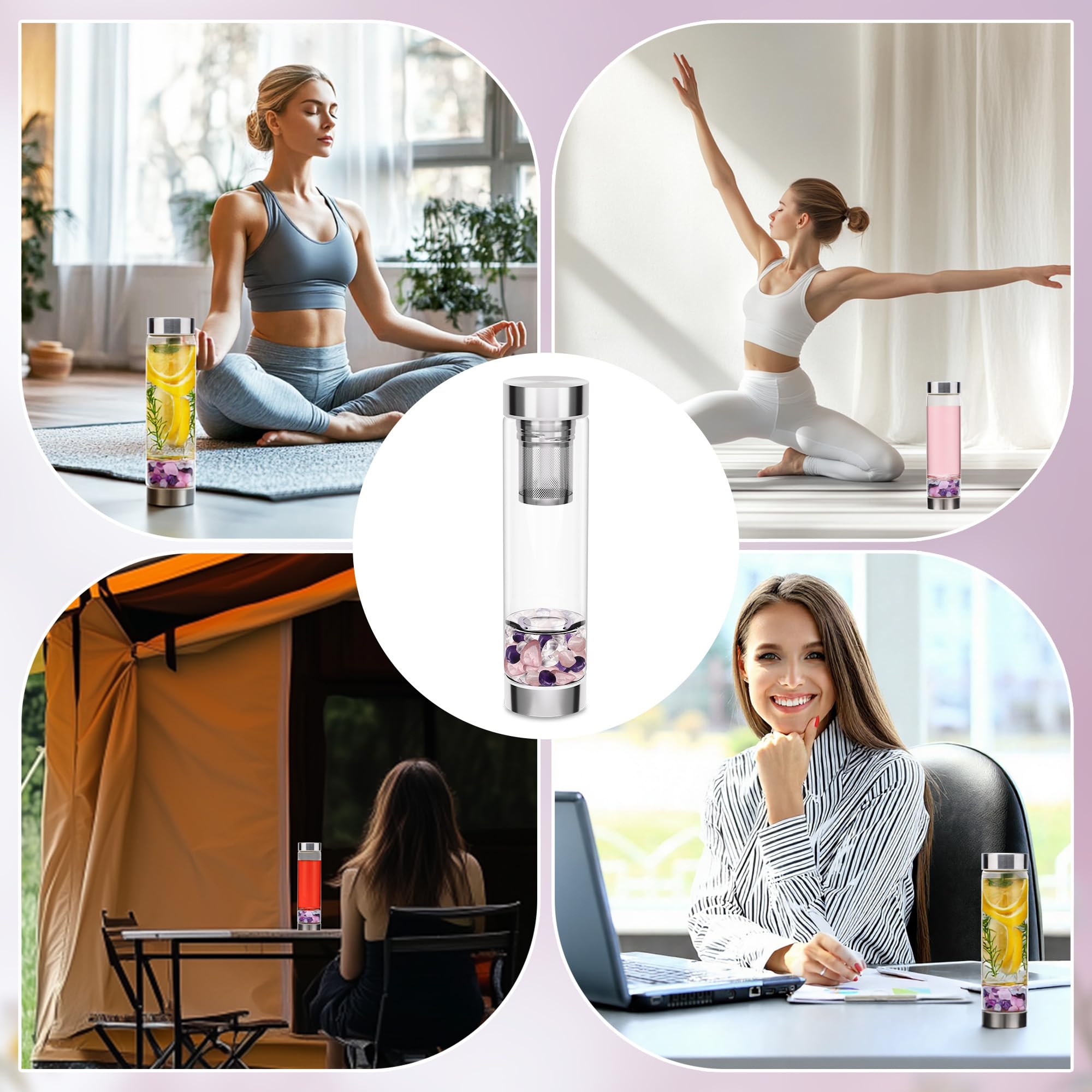 Bouteille d'eau en cristal avec infuseur à thé en cristal et cristaux de quartz rose amovibles, pierres précieuses réutilisables, 500 ml