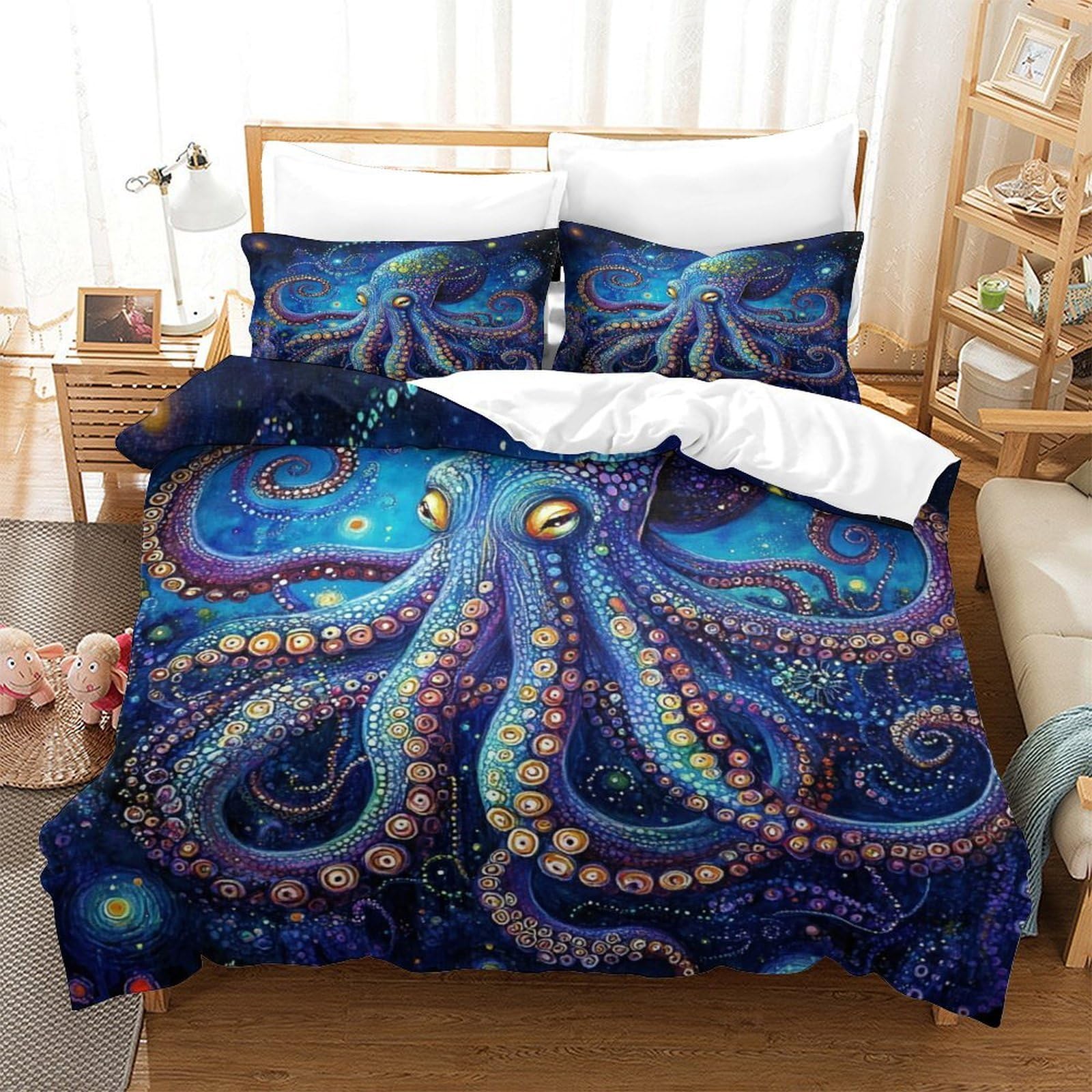 YYVKPMLXC Octopus 3D Printed Duvet Cover Sets,Fantasy Marine Creature Bedding Bed Sets Soft Microfiber Quilt Covers 3 Piece, Comforter Cover with Zipper Closure for Kids Teens Double（200x200cm）