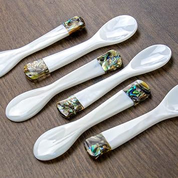 DUEBEL Set of 6 Mother of Pearl MOP Caviar Spoons with Green Abalone Decoration for Caviar, Egg, Icecream, Coffee Serving White, 9x2.4cm