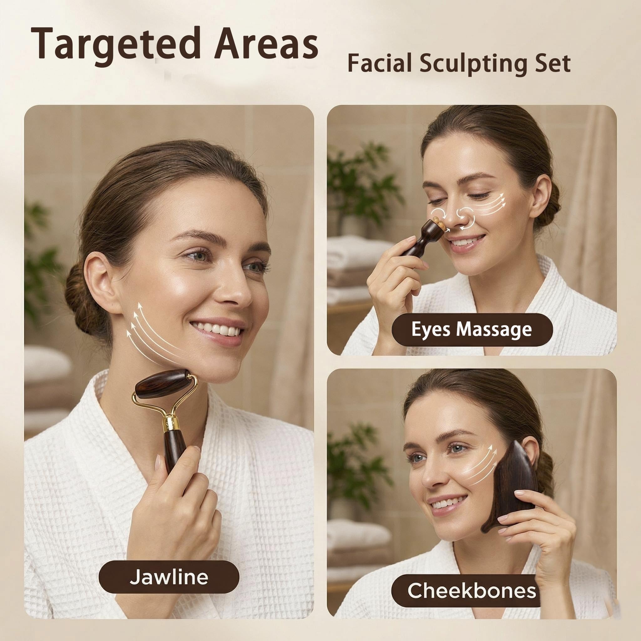 Lila Sandelholz Gesichtsroller & Gua Sha Set - Holz Gesichtsmassageroller mit blattförmigem Gua Sha Board, Multifunktionales Modellier- & Entspannungswerkzeug, Luxus-Geschenkbox (Gua Sha Roller