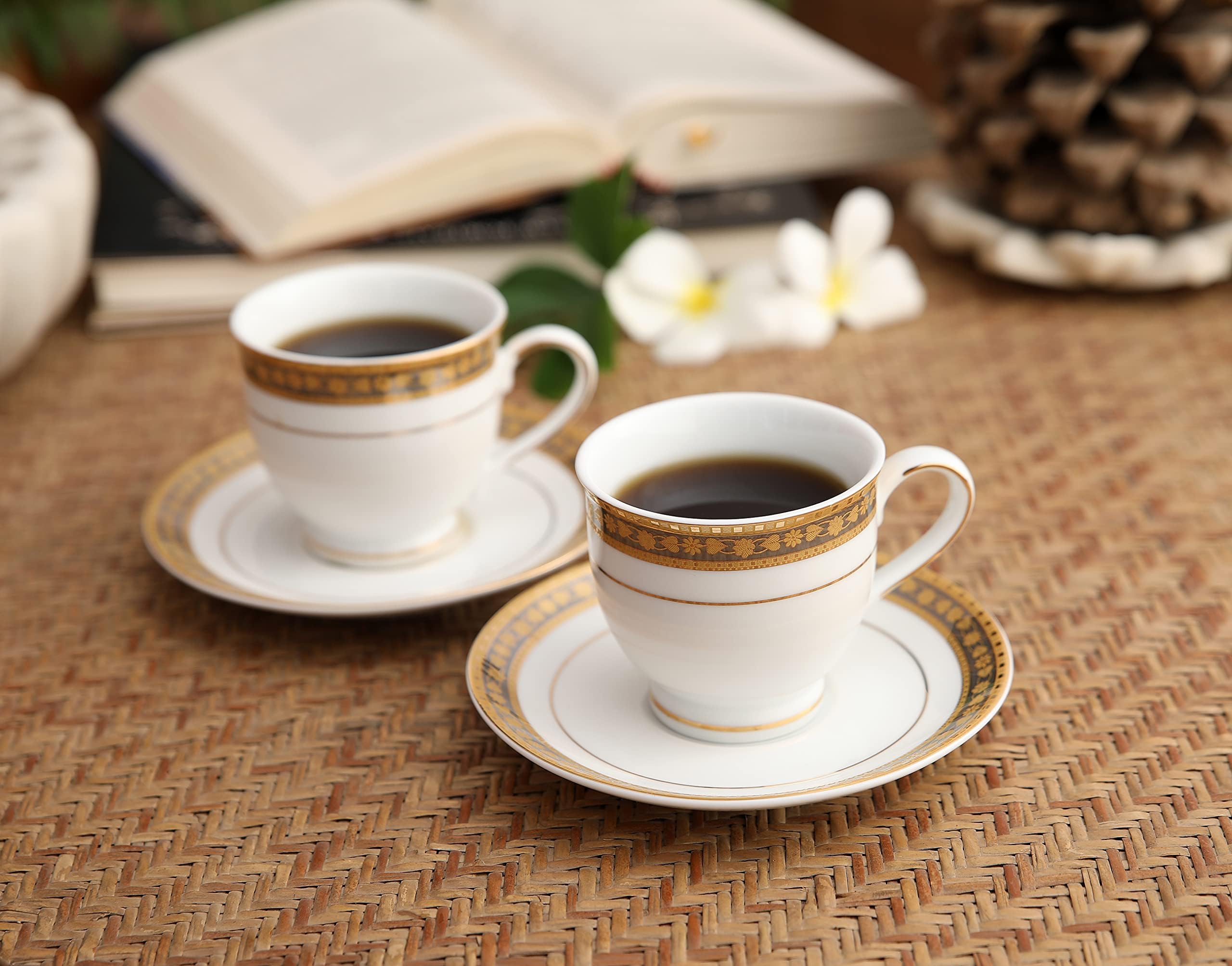Hitkari Potteries | Porcelain Cup and Saucer Set of 6 |Tea Coffee Cups | White with Pure Gold Lining | Elegant Serveware for Morning & Evening Use (220ml)