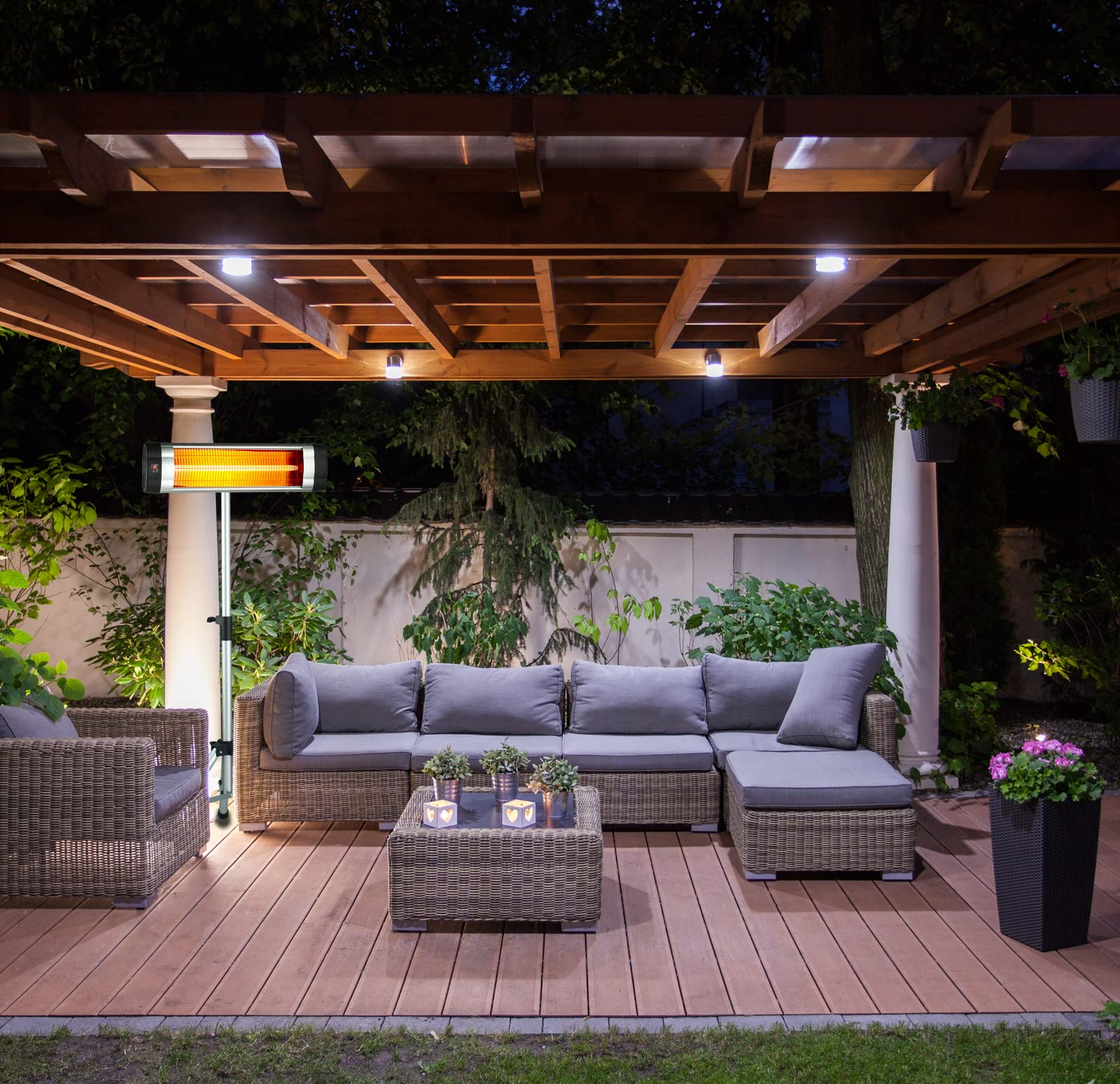 DMS® Infrarotstrahler Heizstrahler Wärmestrahler 2in 1 Terrassenstrahler Temperatur 3-Stufig höhenverstellbarem Teleskopstativ Wickeltischstrahler Terrassenheizer Quarzstrahler 2500W mit Fernbedienung