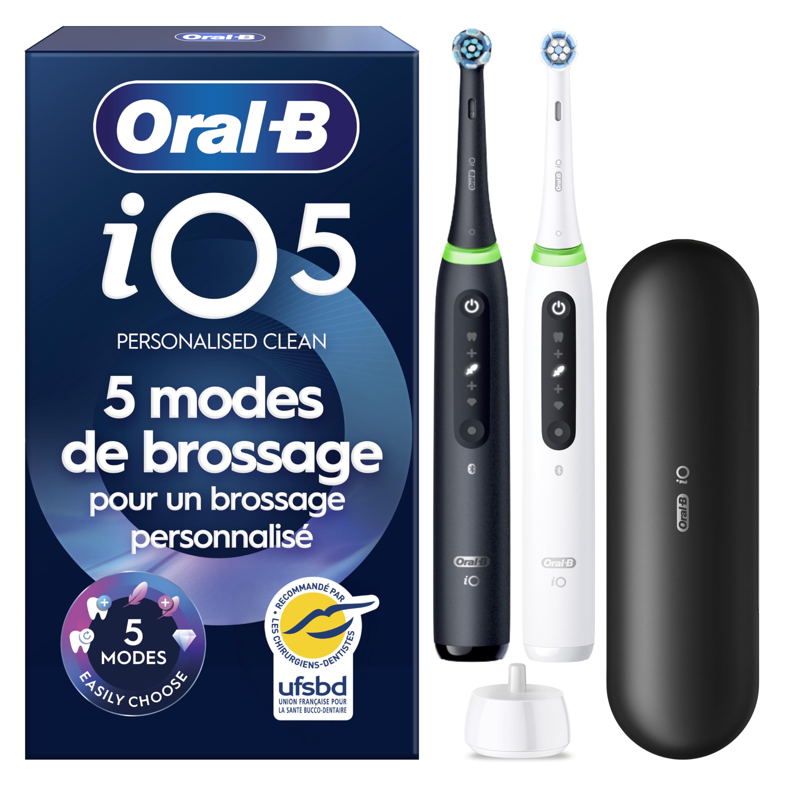 Oral-B Brosses à Dents Electriques iO 5 Duo avec 2 Brossettes de Rechange, Noire, Blanche - 3 Modes de Brossage dont Blancheur, Capteur de Pression sur les Gencives et d’Usure, Batterie Rechargeable