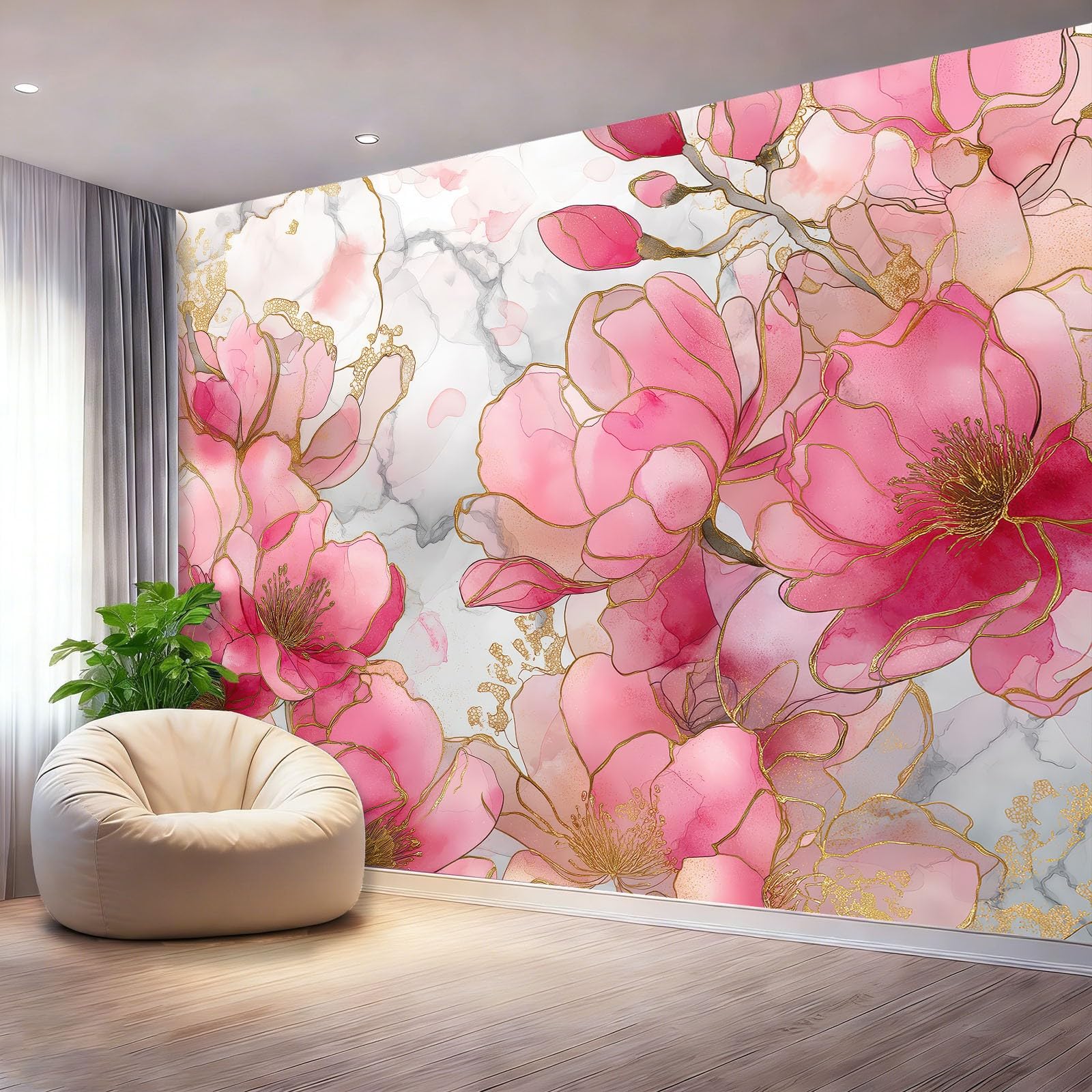 Papier peint panoramique aquarelle floral 200x140cm rose intissé pour salon