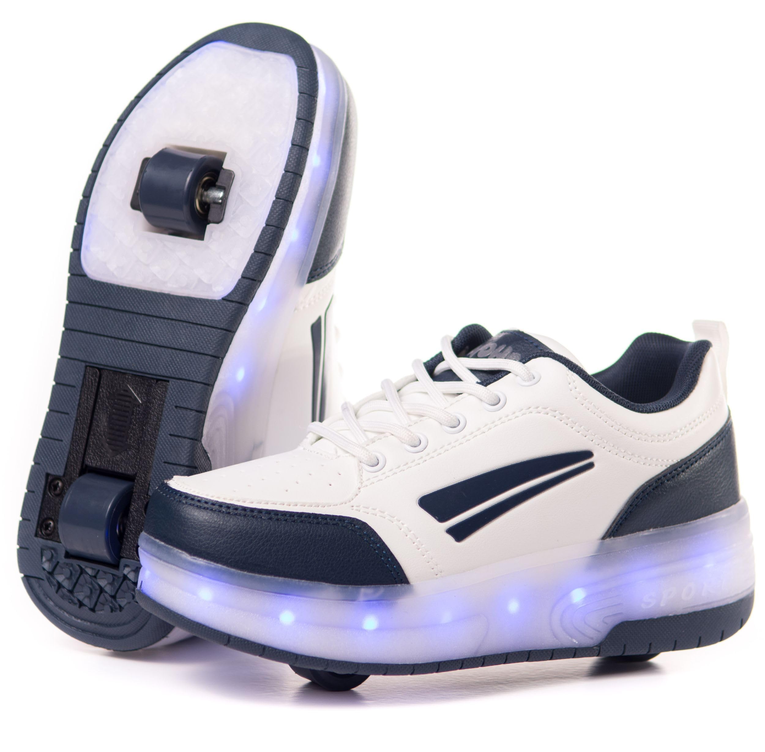Zapatillas Deportivas con Dos Ruedas y Luces LED. Recargables, 16 Efectos de Luces. Rueda Trasera automática. Blanco/Azul Oscuro. Talla 35