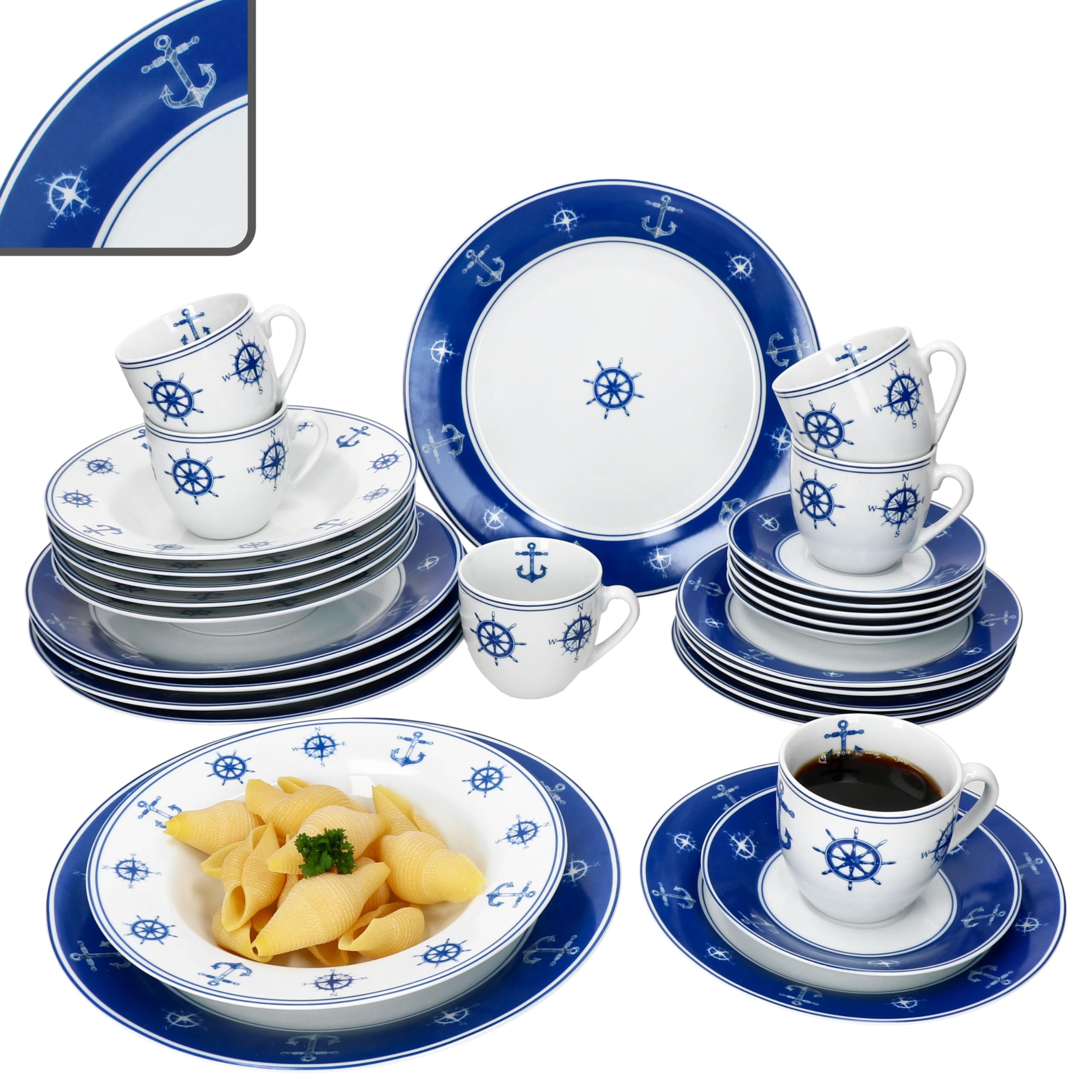 MamboCat Ahoi 30tlg Kombiservice I blau weißes Porzellan Geschirrset mit nautischem Dekor für 6 Personen I Je 6x Tassen, Untertassen, Kuchenteller, Suppenteller & Speiseteller