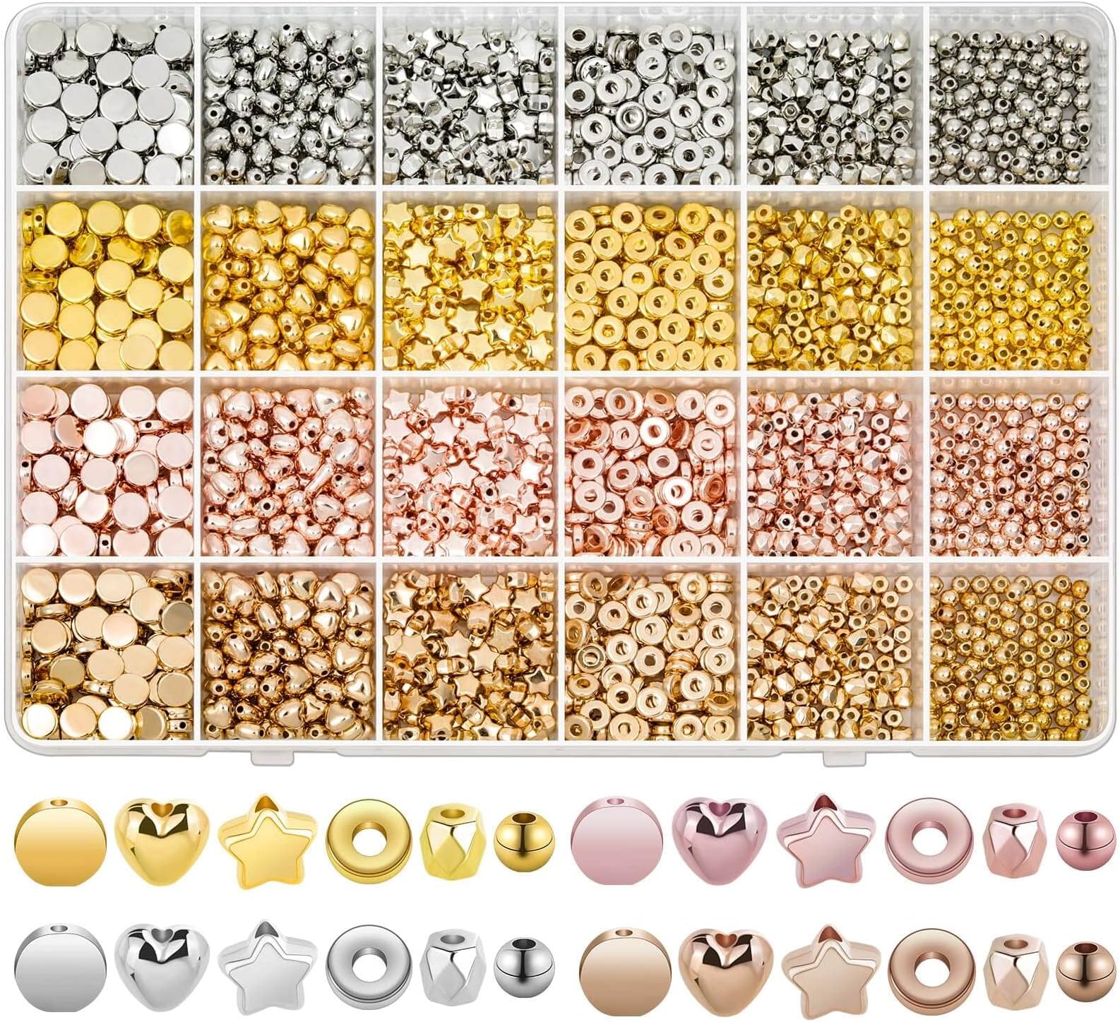 selizo 2160 Pieces Gold Spacer Beads Set, Assorted bracelet beads Round Beads Star Beads Gold beads for Bracelet Jewelry Making(Gold, Sliver, Rose Gold, KC Gold)
