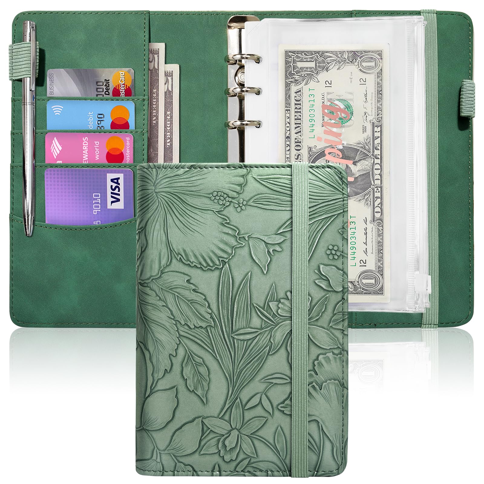 A6 Budget Binder for Money Saving, PU Leather Budget Planner with 8 Cash Envelopes, Budget Sheets &amp; Rose Gold Category Stickers, Money Organizer for Cash (Green Embossed Floral)