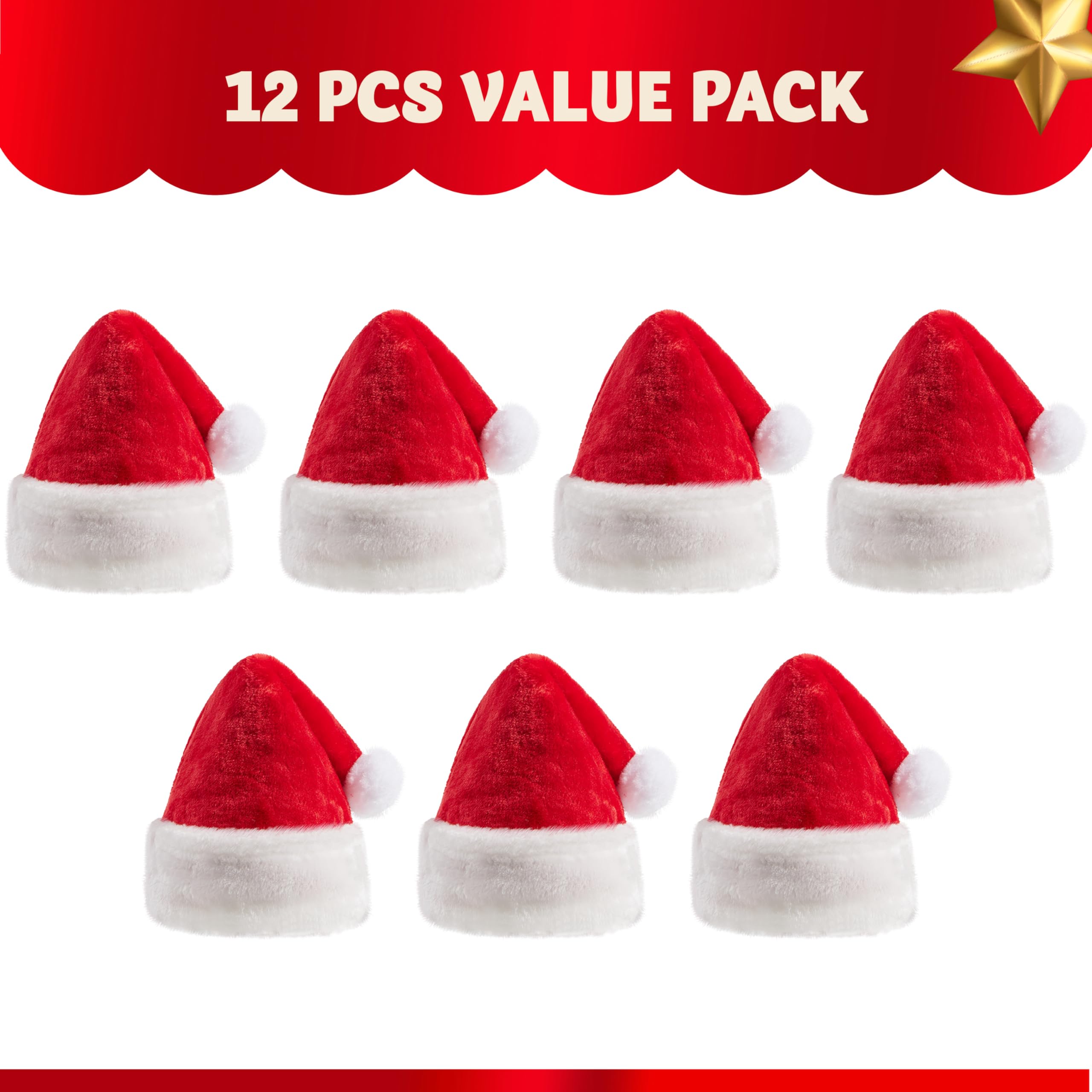 JOYIN Lot de 12 bonnets de Noël de qualité supérieure de 30 x 50 cm, en velours rouge avec manchettes blanches pour cadeaux de Noël et accessoires de fête